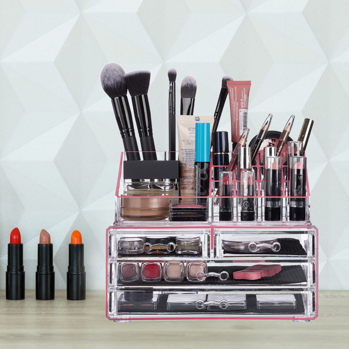 Make Up Organizer mit 4 Schubfächern Pink-Transparent von Relaxdays