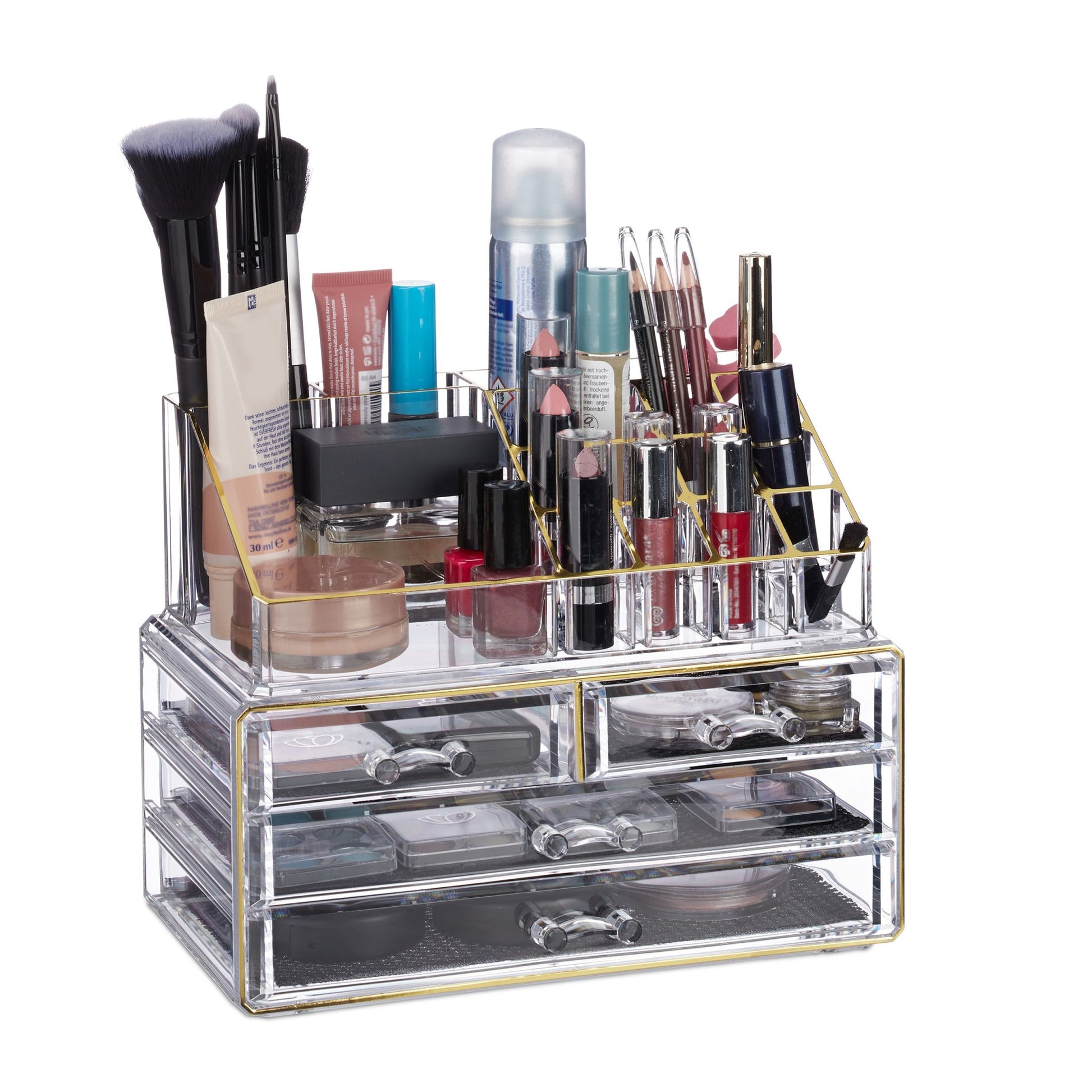 Make Up Organizer mit 4 Schubfächern Gold-Transparent von Relaxdays