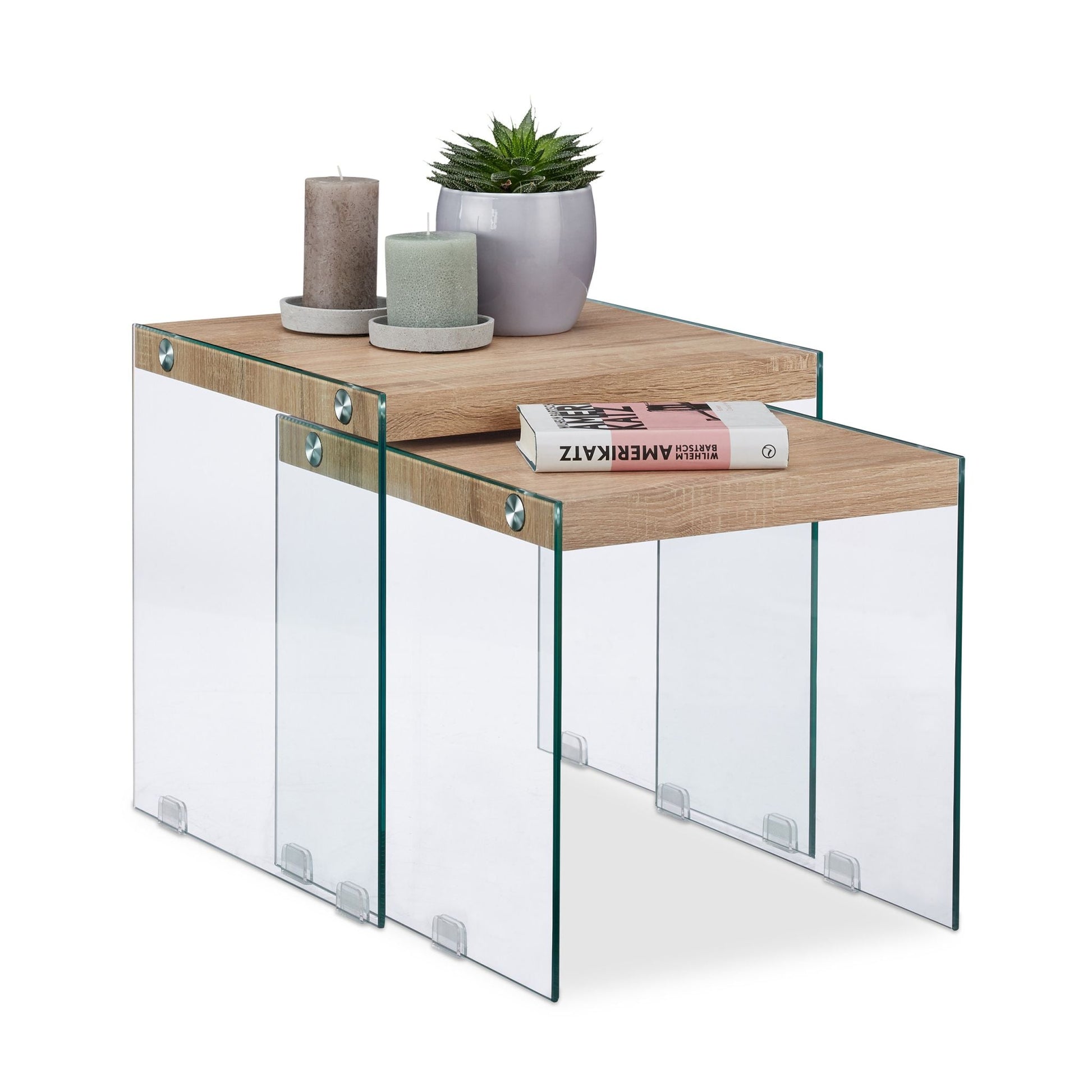 Satztisch 2er-Set Holz+Glas Hellbraun-Transparent von Relaxdays