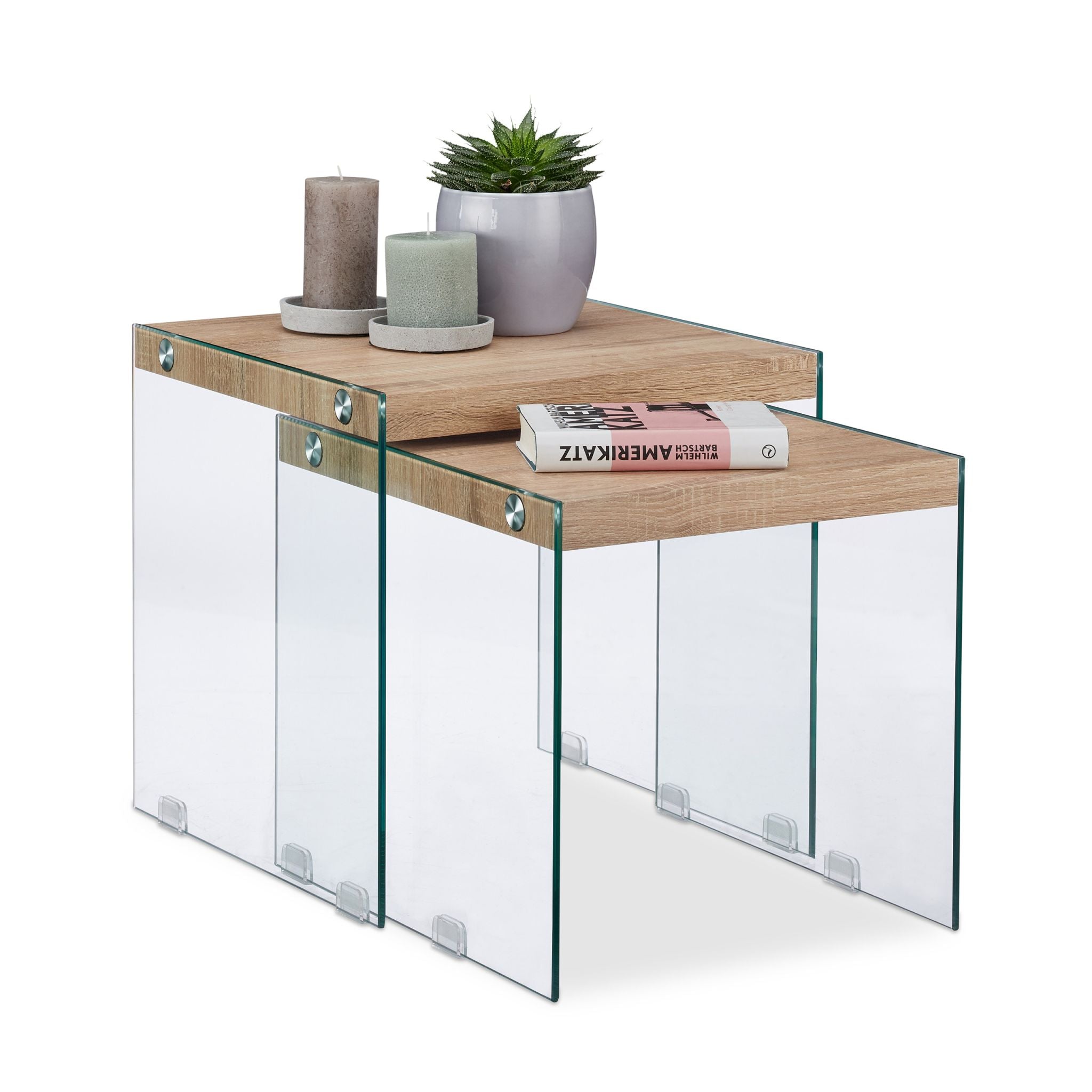 Satztisch 2er-Set Holz+Glas Hellbraun-Transparent von Relaxdays