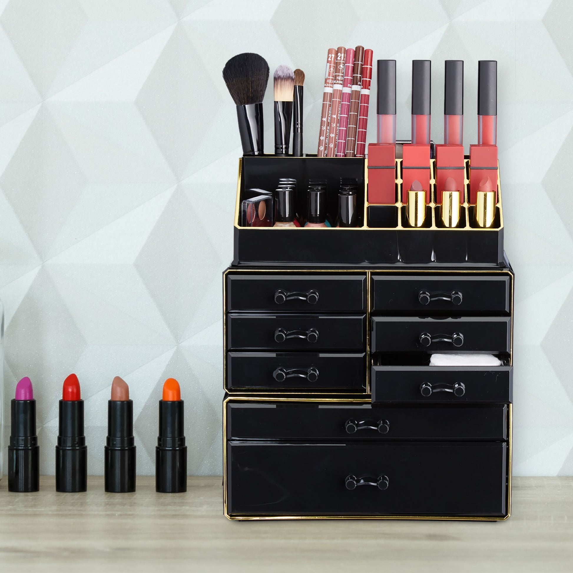 Make Up Organizer mit 8 Schubladen Gold-Schwarz von Relaxdays