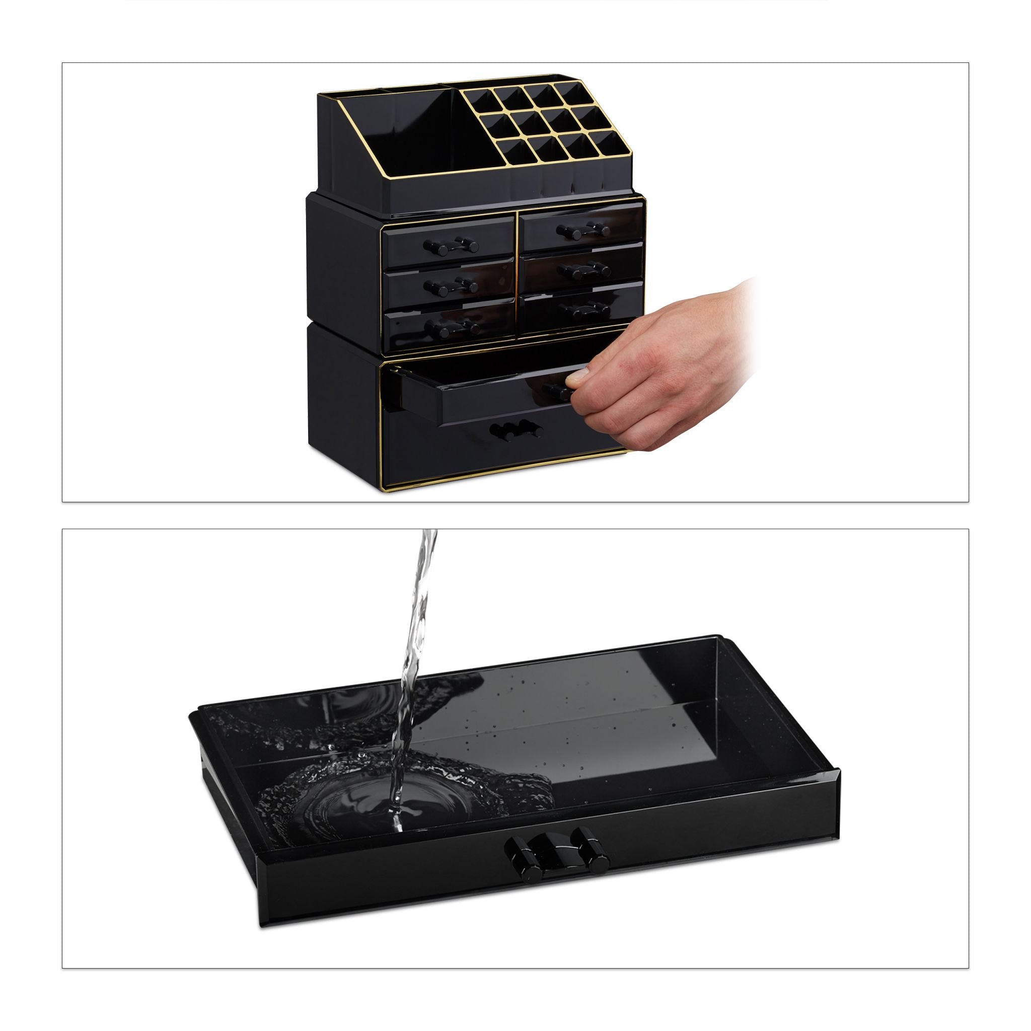 Make Up Organizer mit 8 Schubladen Gold-Schwarz von Relaxdays
