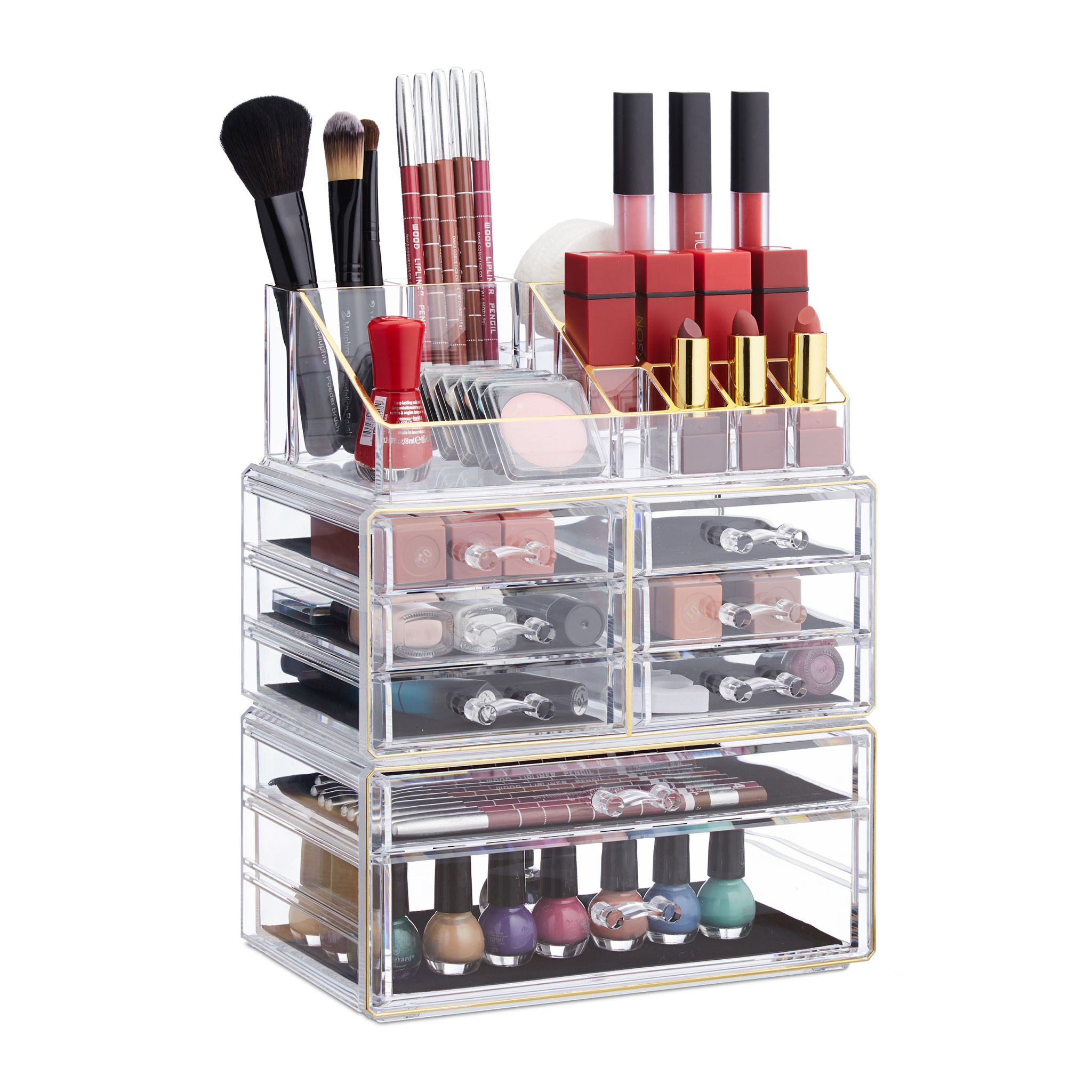 Make Up Organizer mit 8 Schubladen Gold-Transparent von Relaxdays