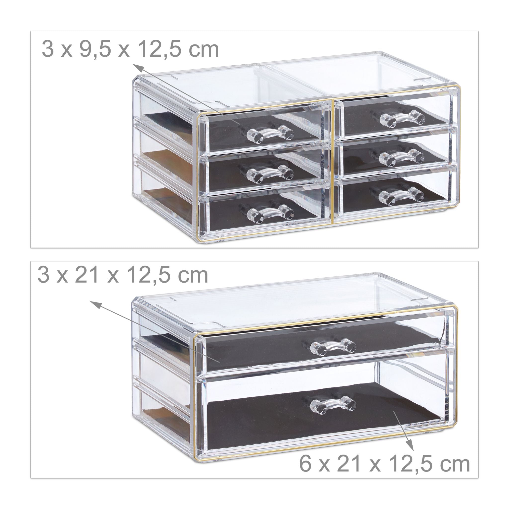 Make Up Organizer mit 8 Schubladen Gold-Transparent von Relaxdays