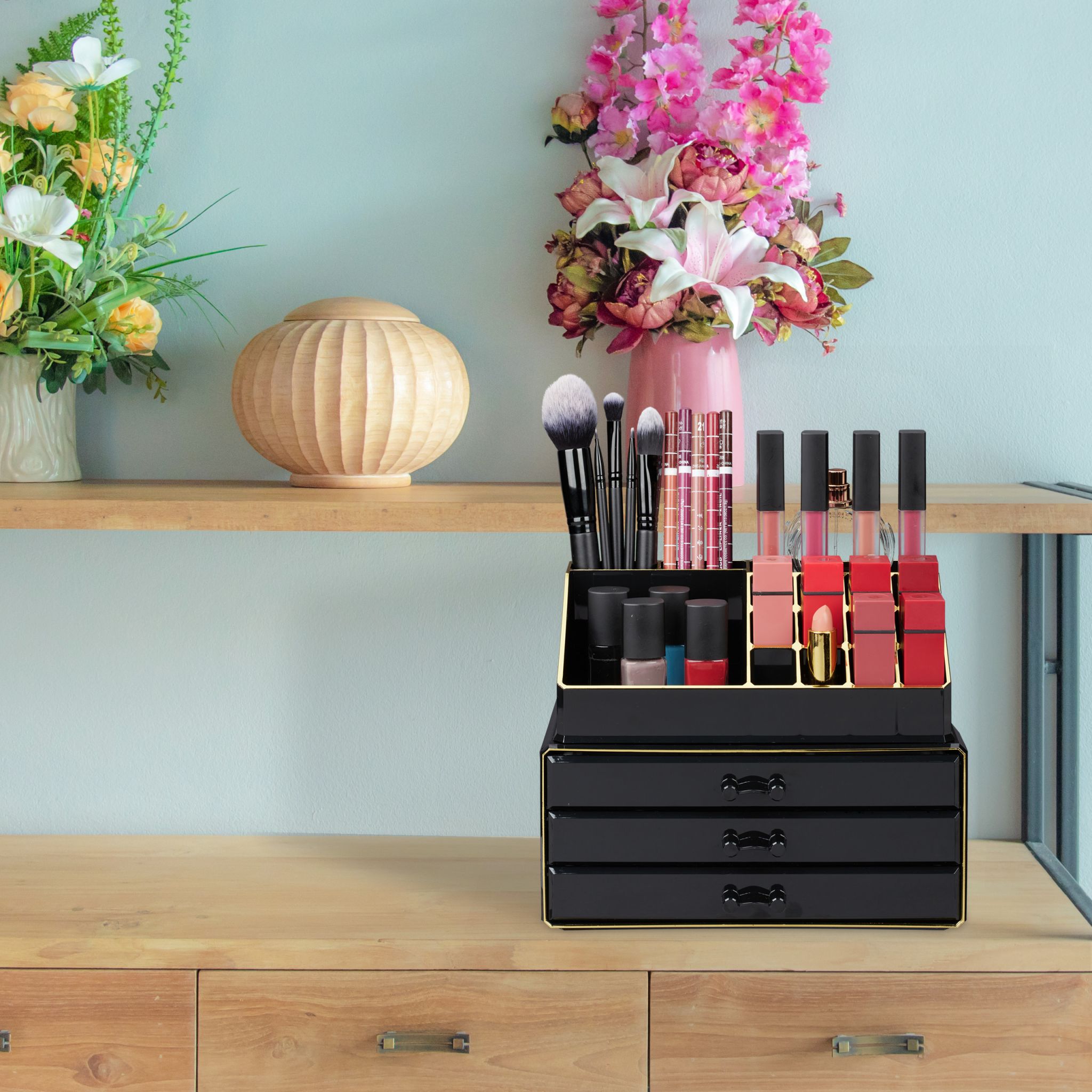 Make Up Organizer mit 3 Schubladen Gold-Schwarz von Relaxdays
