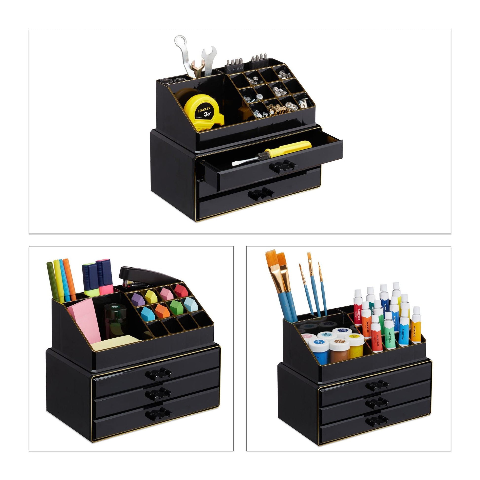Make Up Organizer mit 3 Schubladen Gold-Schwarz von Relaxdays