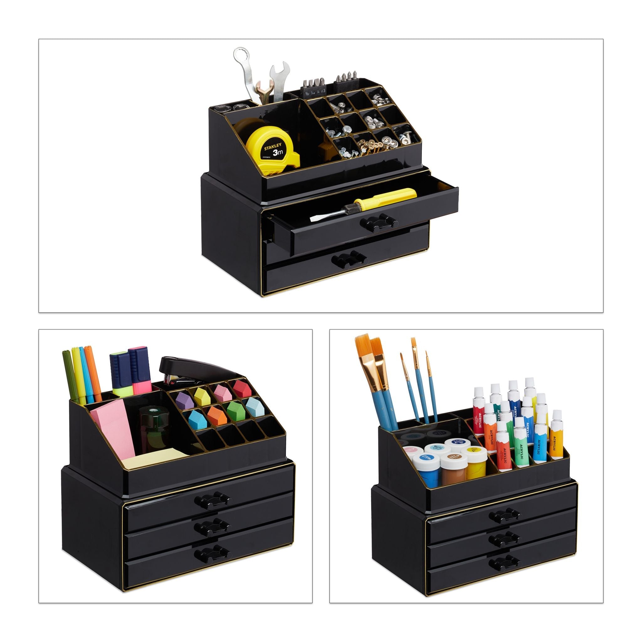 Make Up Organizer mit 3 Schubladen Gold-Schwarz von Relaxdays