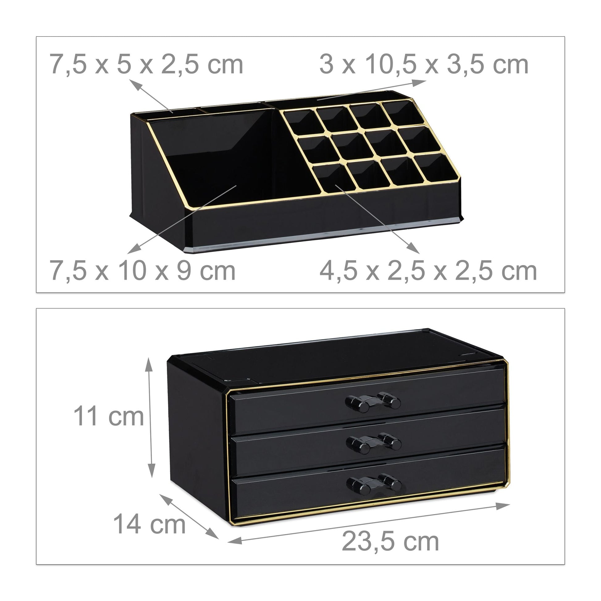 Make Up Organizer mit 3 Schubladen Gold-Schwarz von Relaxdays