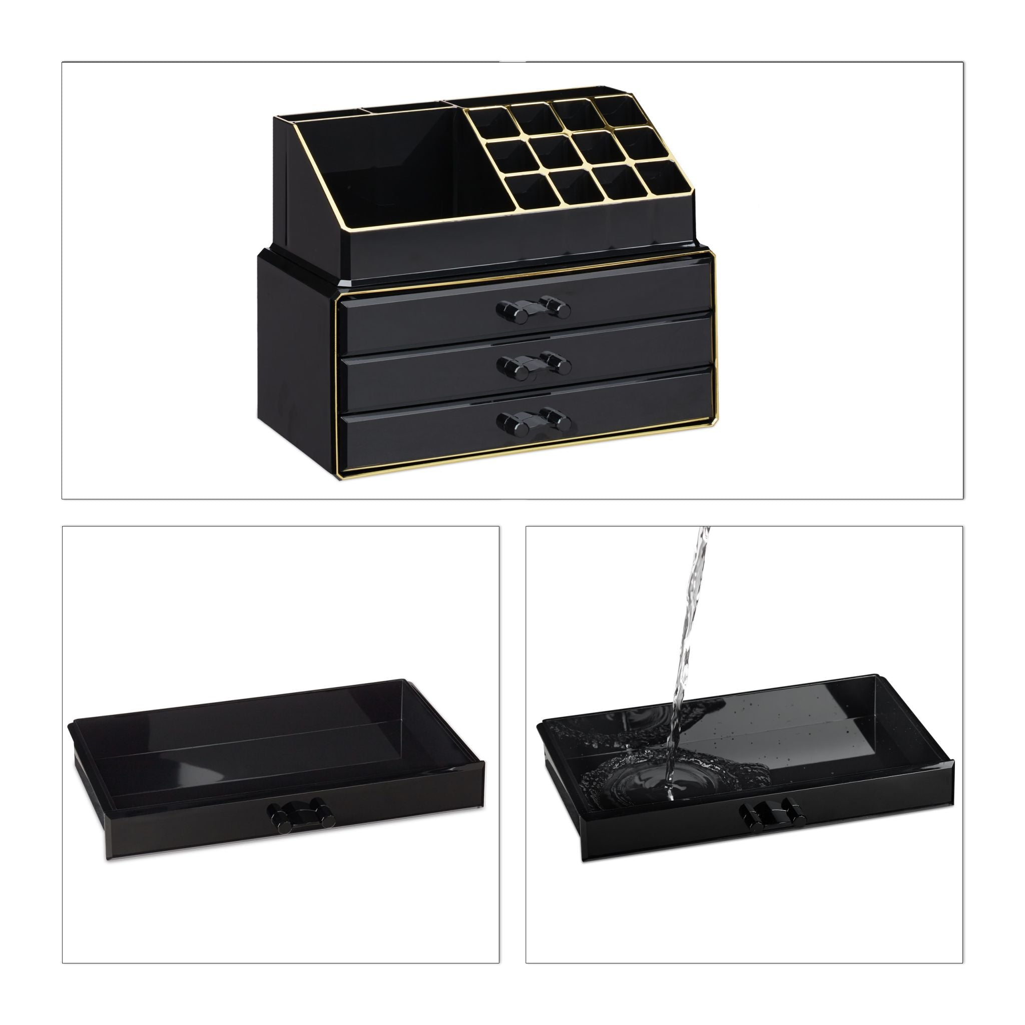 Make Up Organizer mit 3 Schubladen Gold-Schwarz von Relaxdays