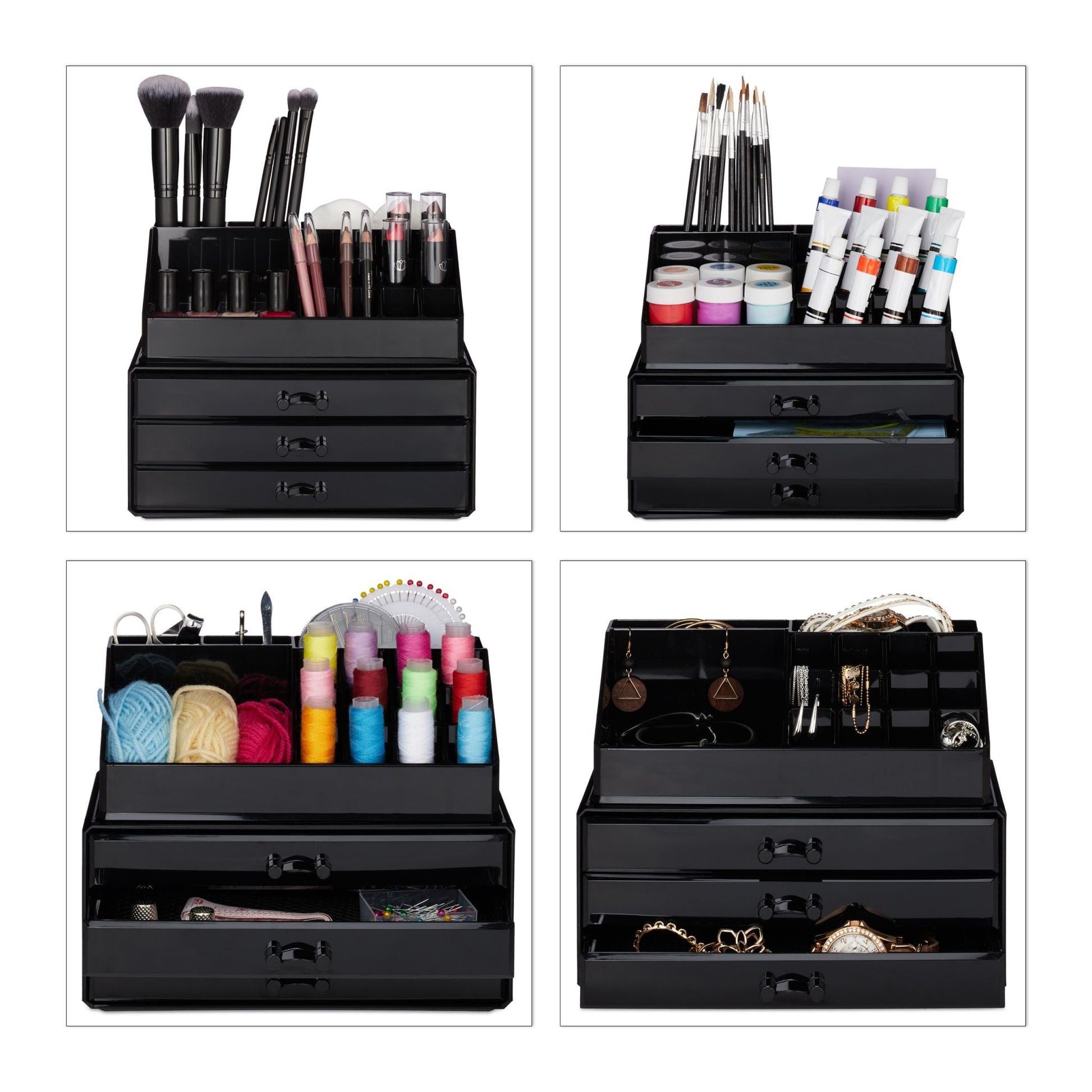 Make Up Organizer mit 3 Schubladen Schwarz von Relaxdays