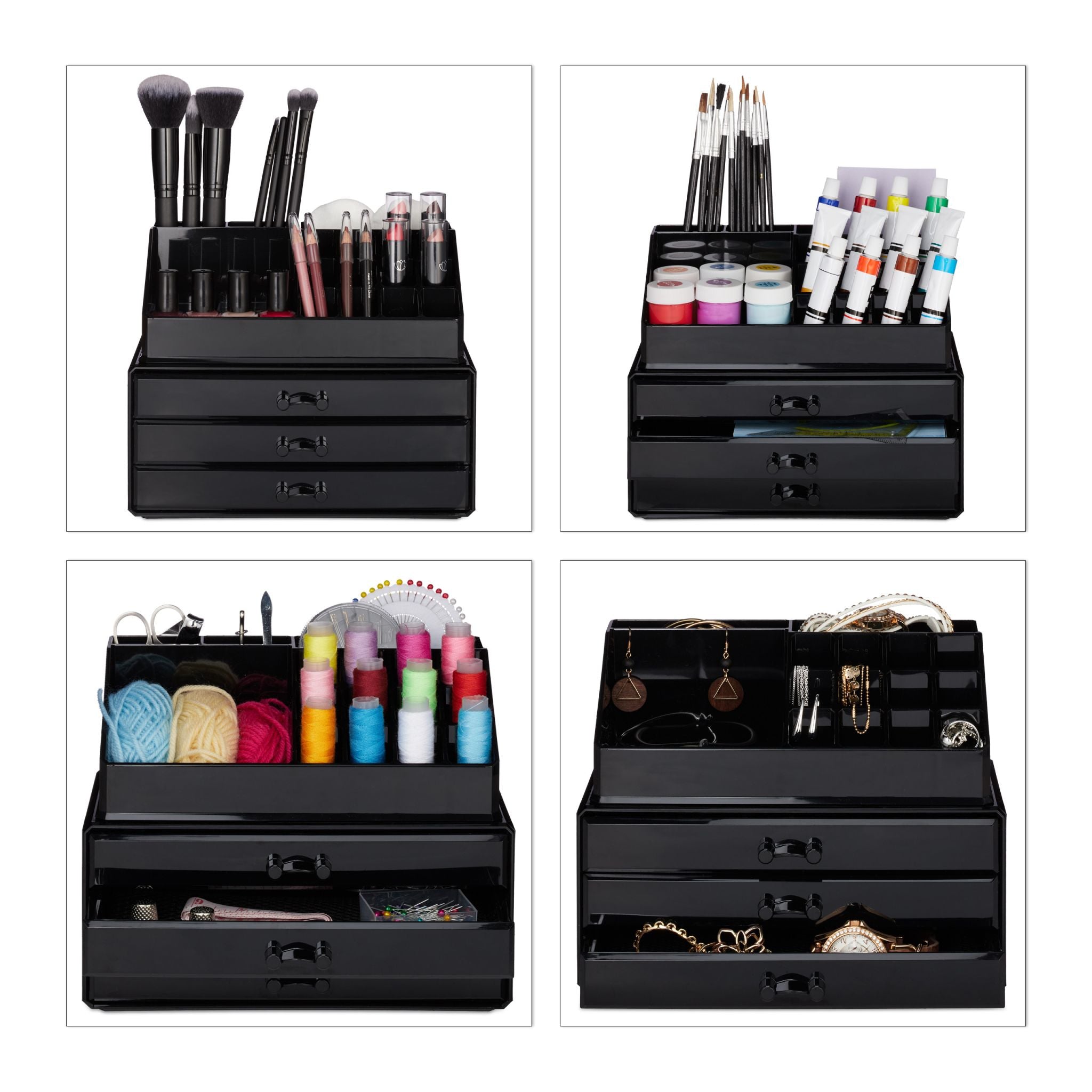 Make Up Organizer mit 3 Schubladen Schwarz von Relaxdays