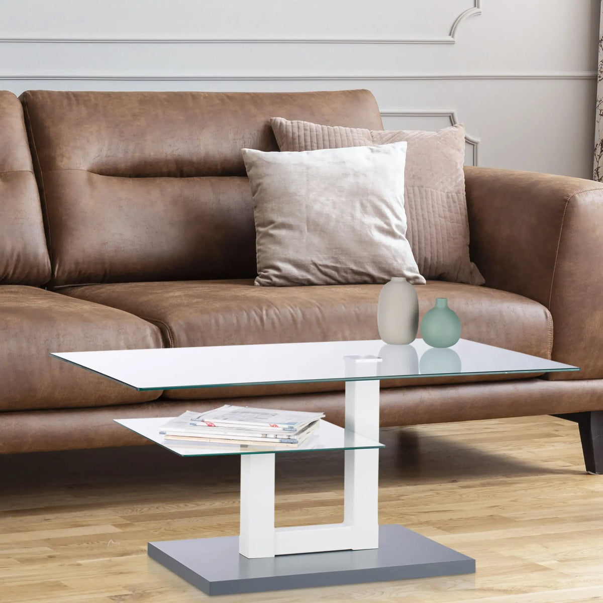 Couchtisch Glas mit Ablage Weiss-Transparent-Grau von Relaxdays
