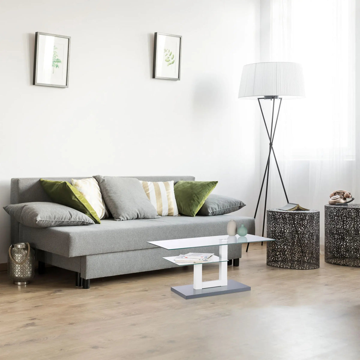 Couchtisch Glas mit Ablage Weiss-Transparent-Grau von Relaxdays