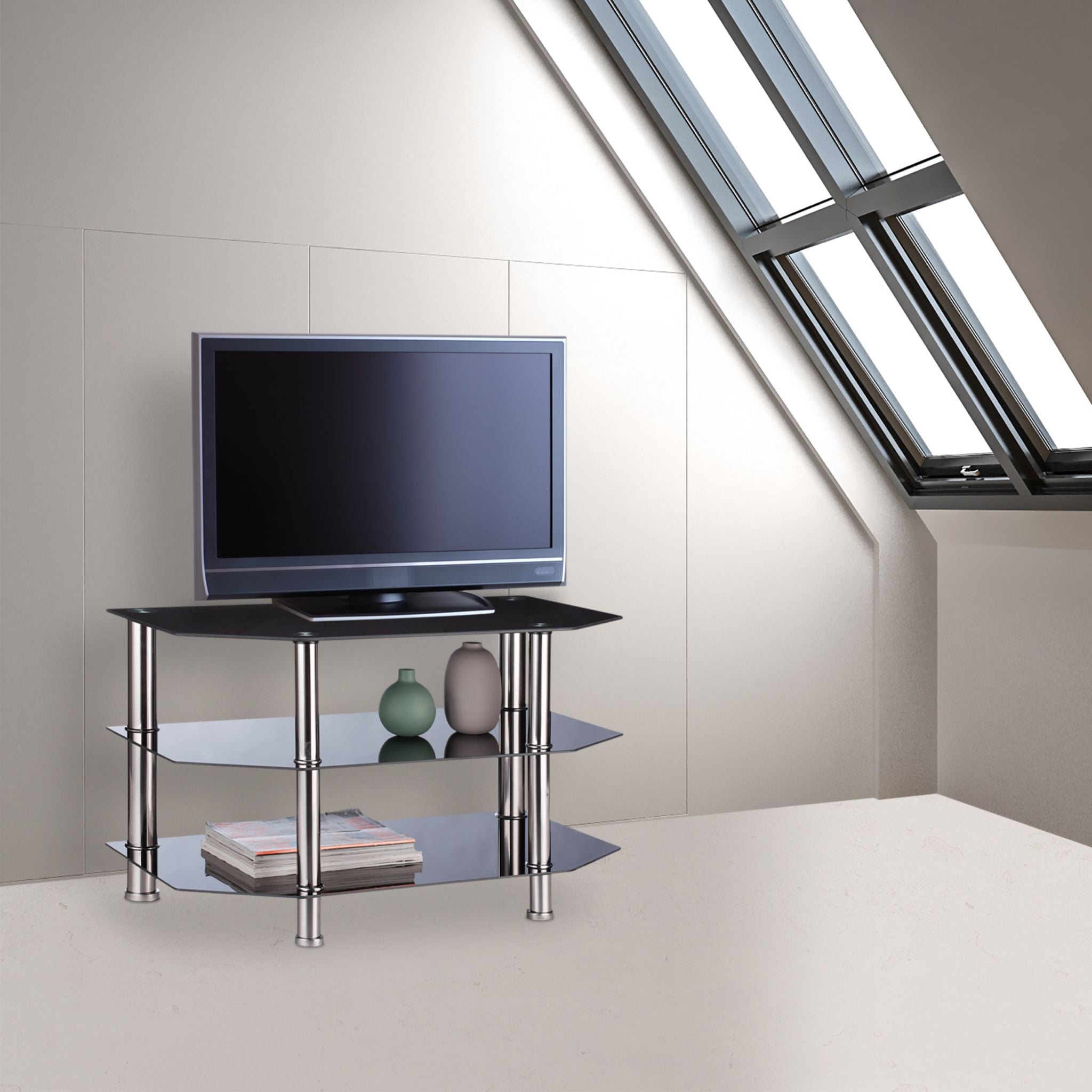 Fernsehtisch Schwarzglas Schwarz-Silber von Relaxdays