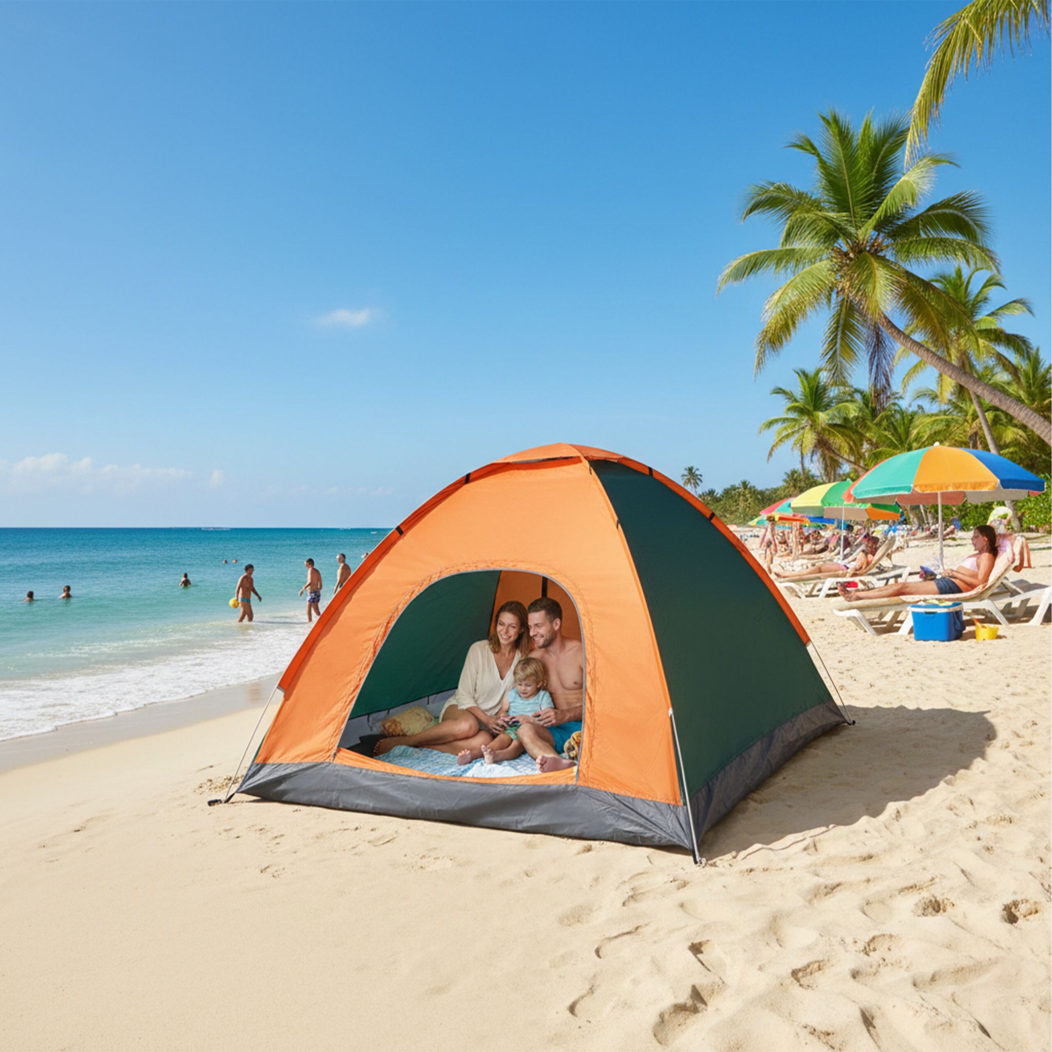 Pop Up Zelt Strand Dunkelgrün-Orange-Grau