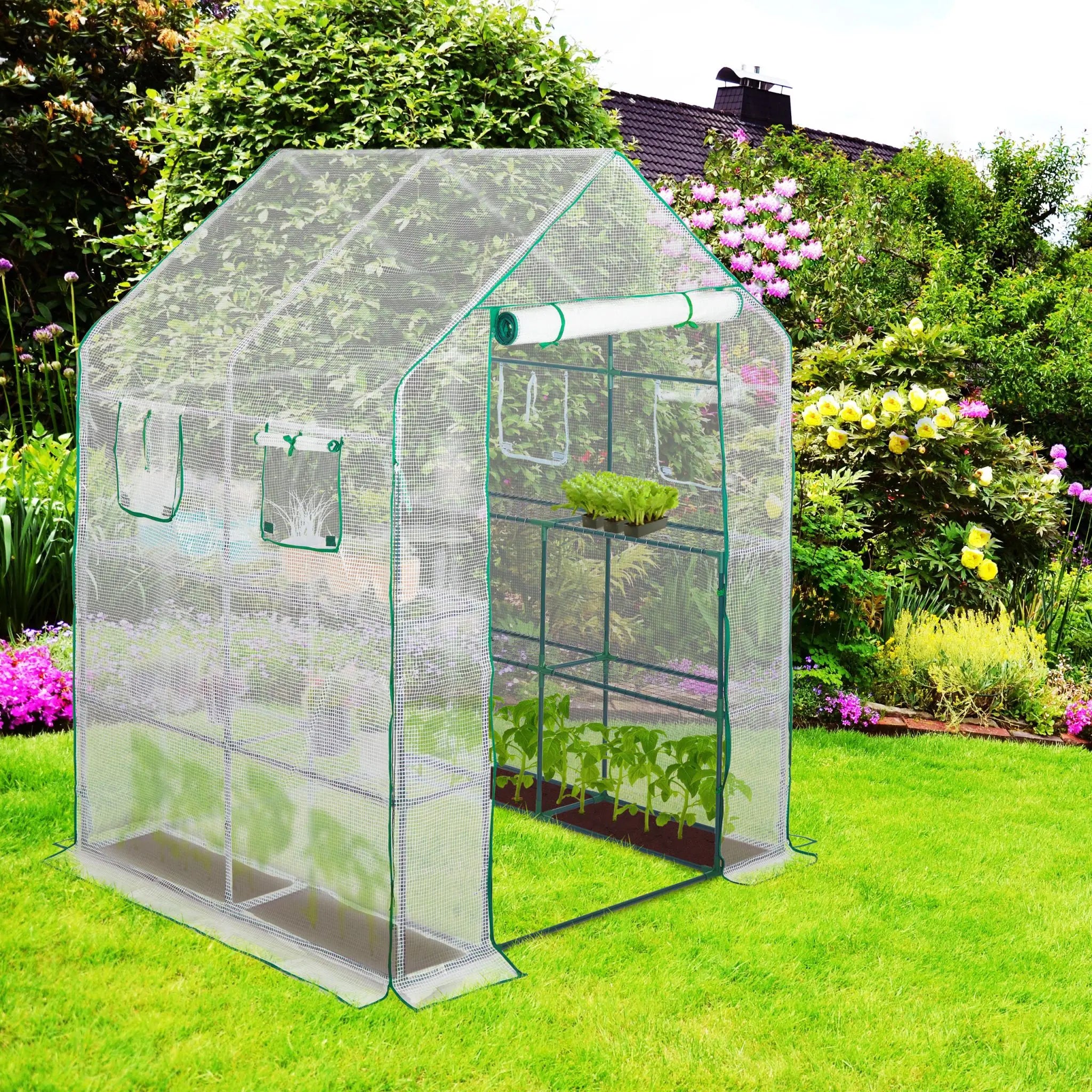 Begehbares Gewächshaus mit 4 Fenstern Dunkelgrün-Transparent von Relaxdays