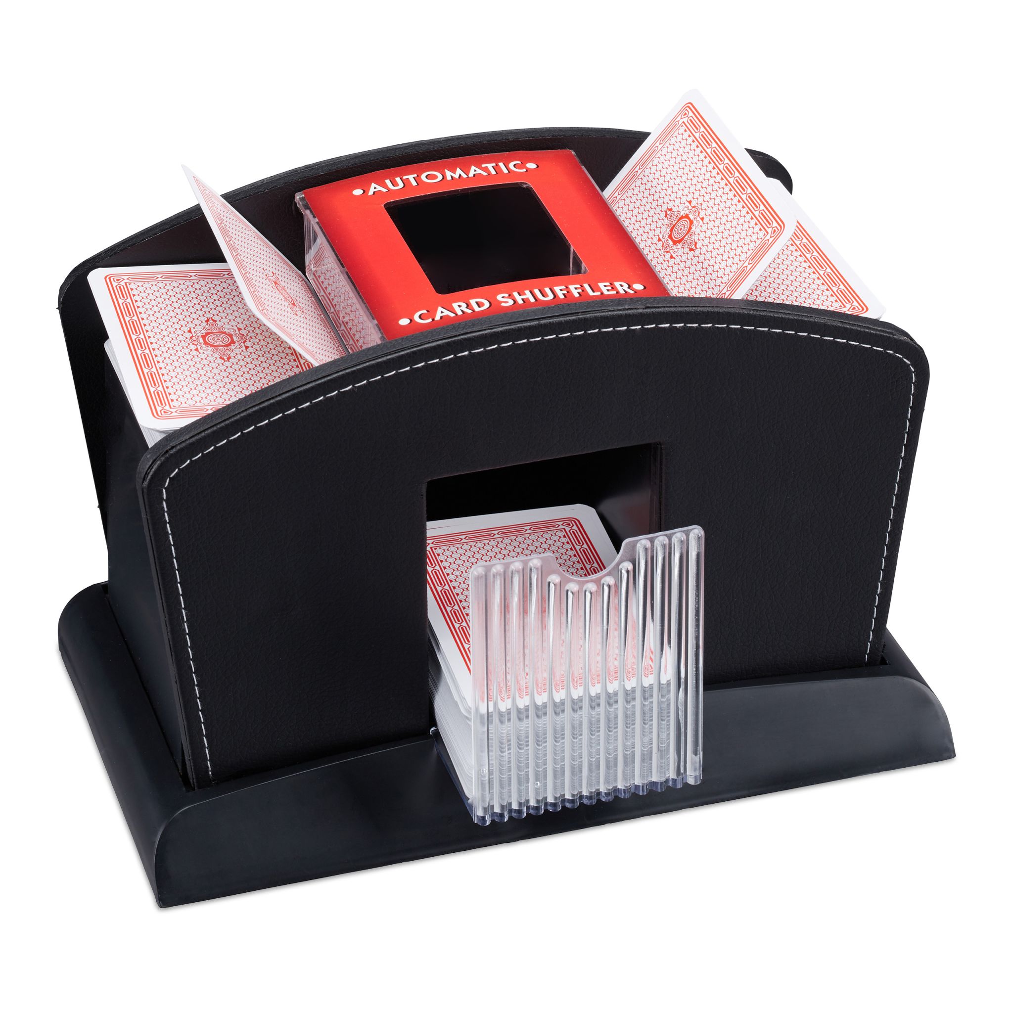 Kartenmischer Elektrisch Leder 4 Decks Rot-Schwarz-Transparent von Relaxdays