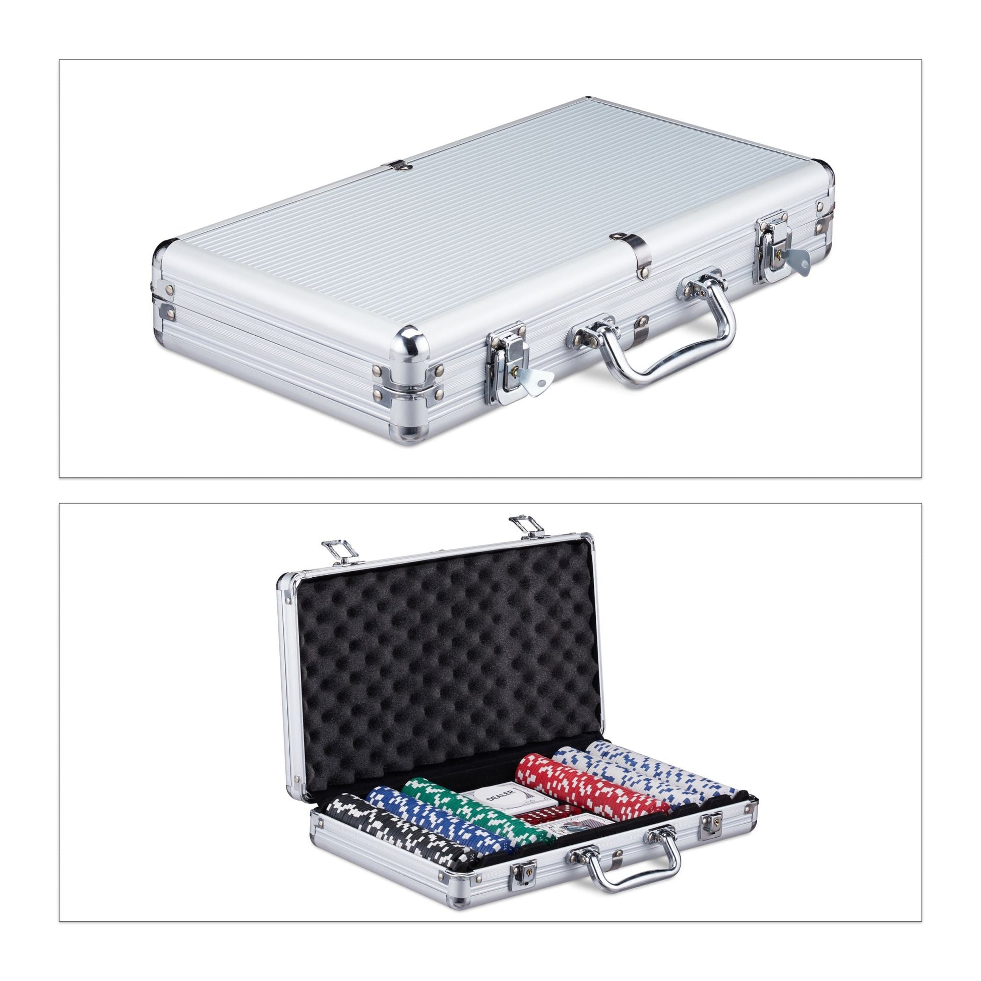 Pokerkoffer mit 300 Laserchips Blau-Rot-Silber von Relaxdays