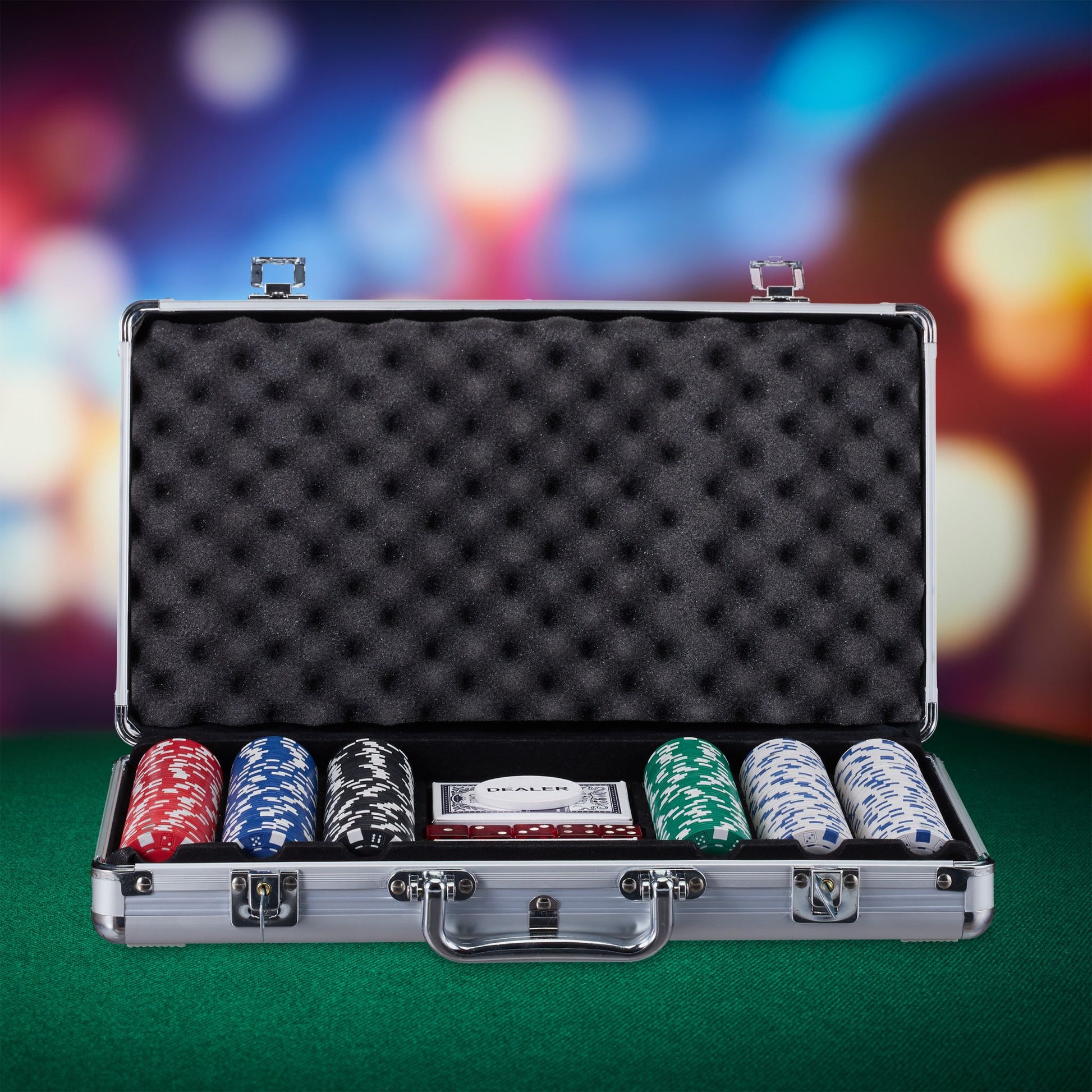 Pokerkoffer mit 300 Laserchips Blau-Rot-Silber von Relaxdays