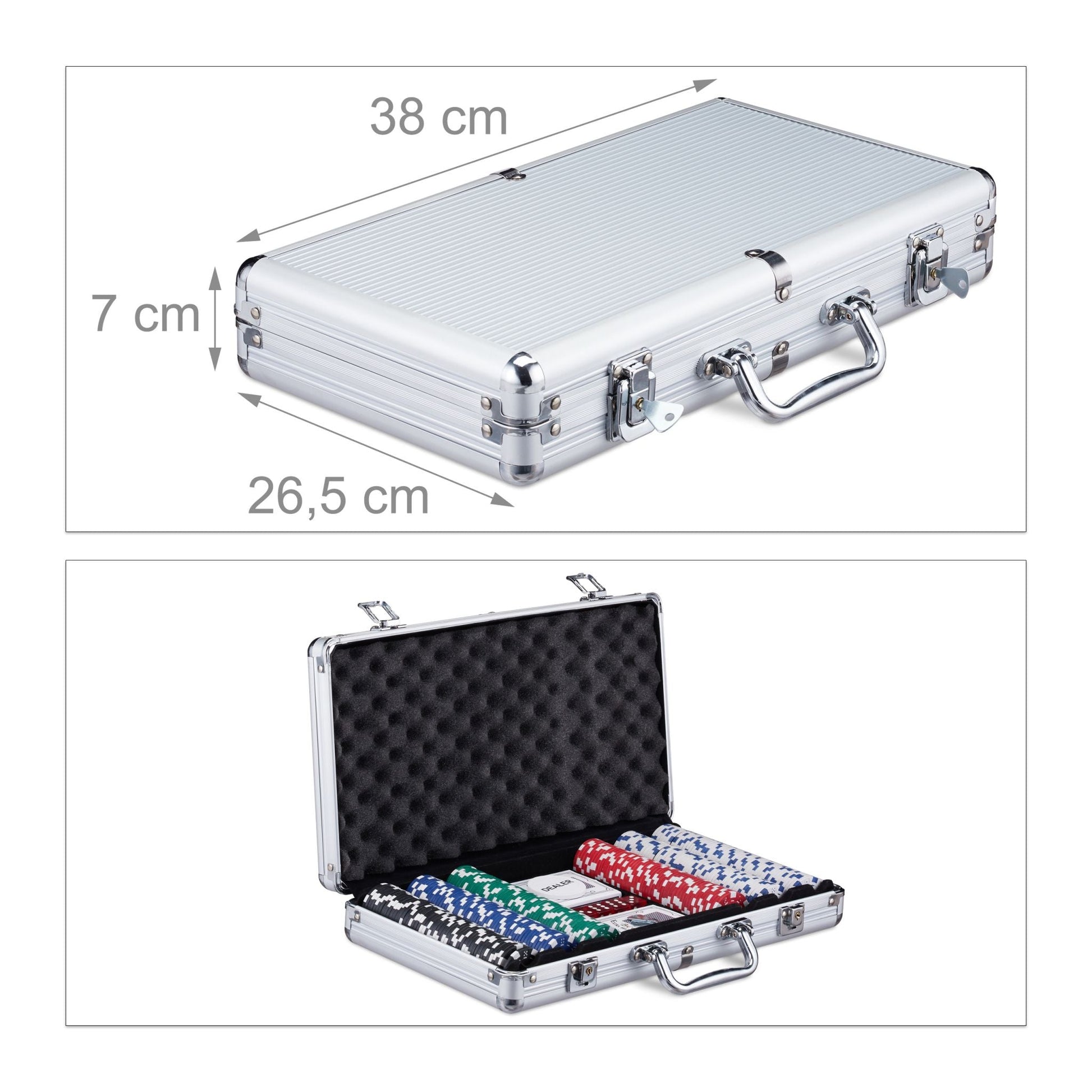 Pokerkoffer mit 300 Laserchips Blau-Rot-Silber von Relaxdays