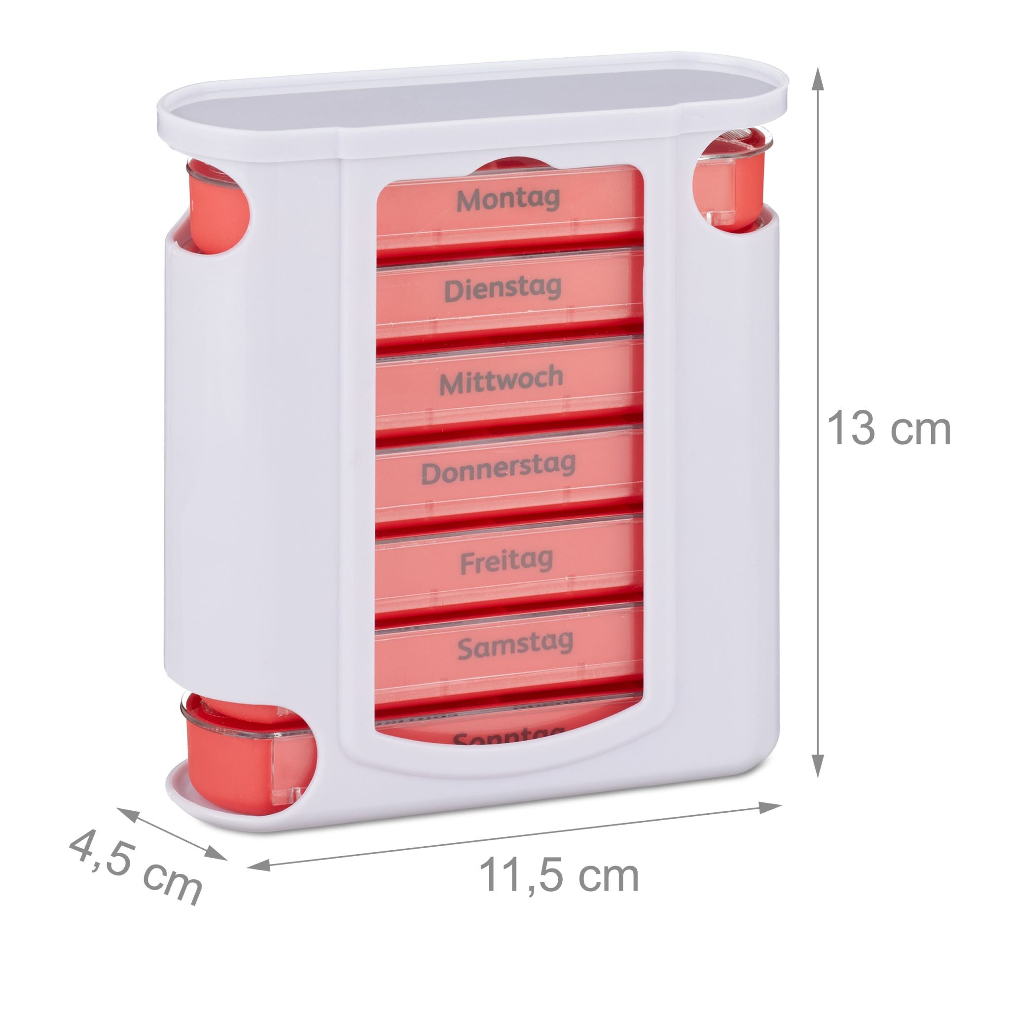 Pillendose 7 Tage 4 Fächer Weiss-Rot-Transparent von Relaxdays