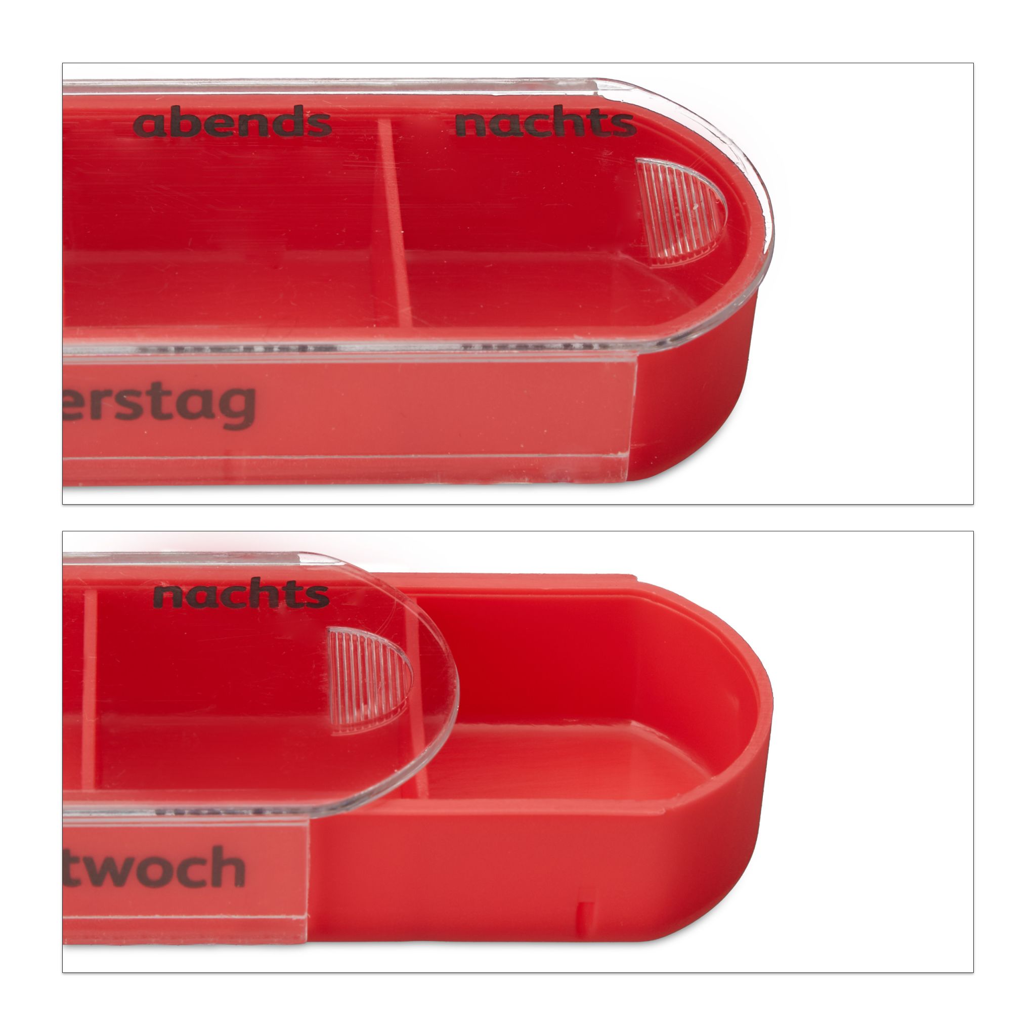 Pillendose 7 Tage 4 Fächer Weiss-Rot-Transparent von Relaxdays