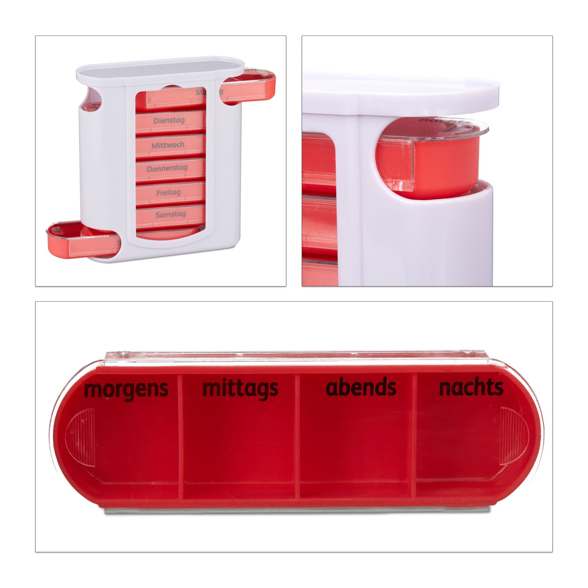 Pillendose 7 Tage 4 Fächer Weiss-Rot-Transparent von Relaxdays