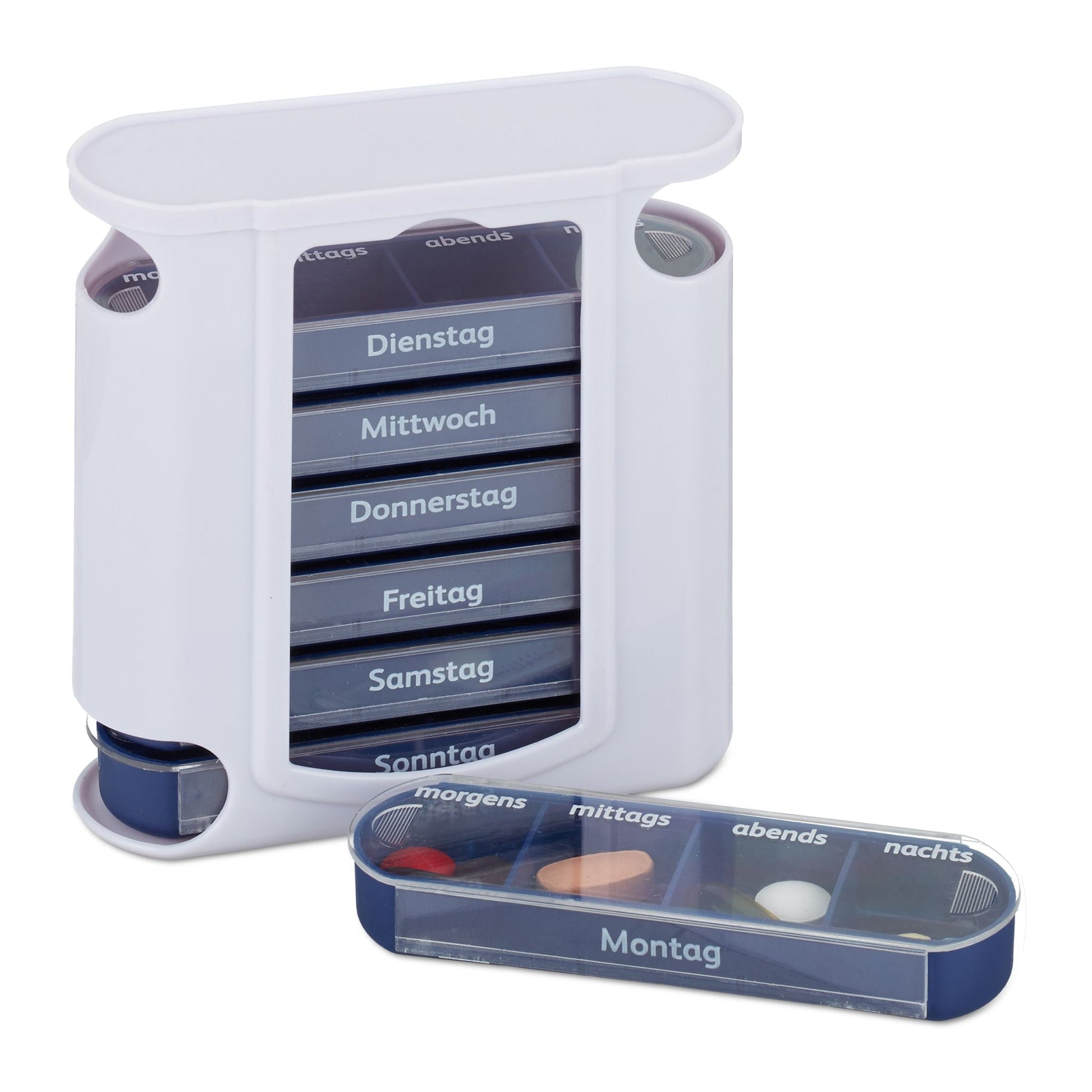 Pillendose 7 Tage 4 Fächer Weiss-Dunkelblau-Transparent von Relaxdays