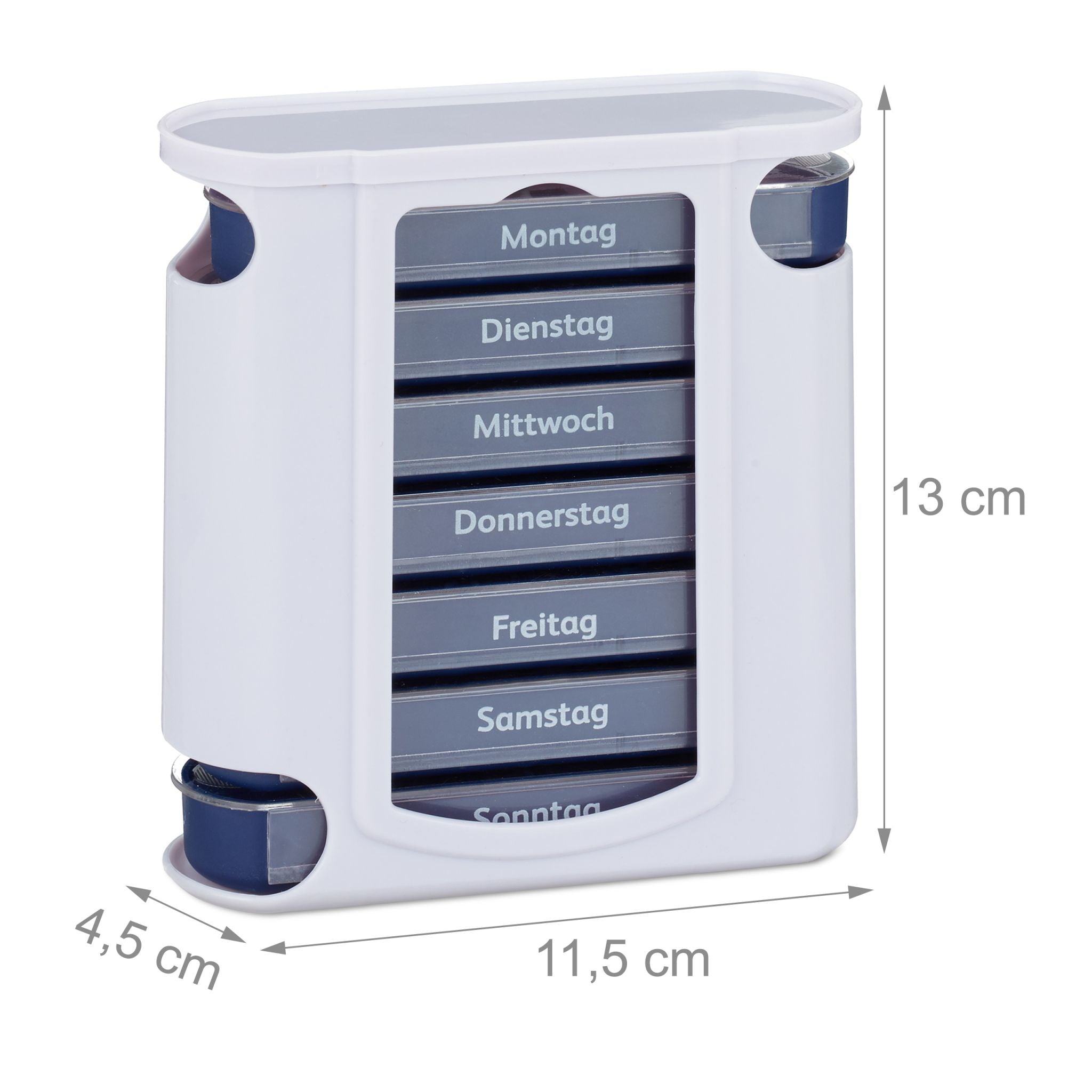 Pillendose 7 Tage 4 Fächer Weiss-Dunkelblau-Transparent von Relaxdays