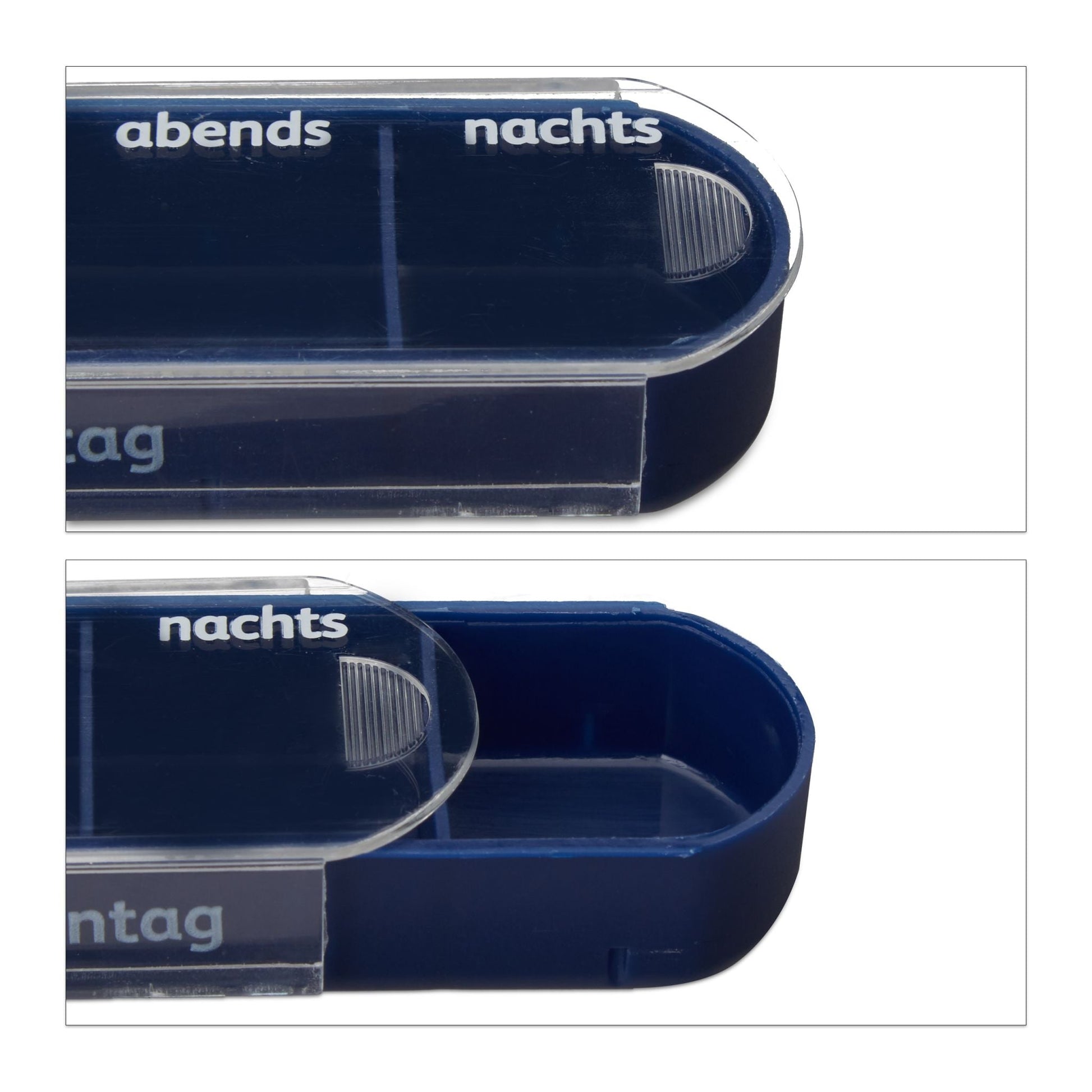 Pillendose 7 Tage 4 Fächer Weiss-Dunkelblau-Transparent von Relaxdays