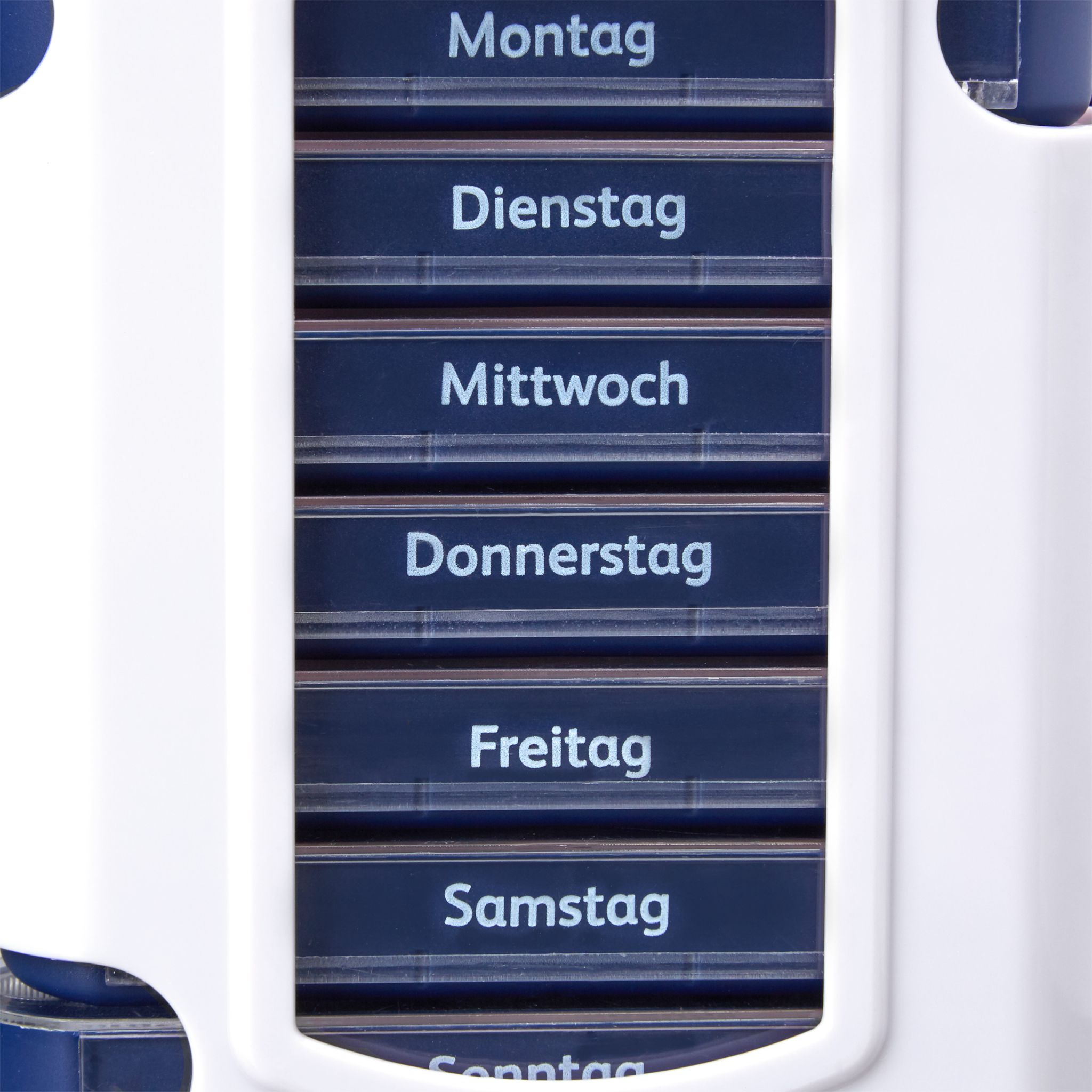 Pillendose 7 Tage 4 Fächer Weiss-Dunkelblau-Transparent von Relaxdays