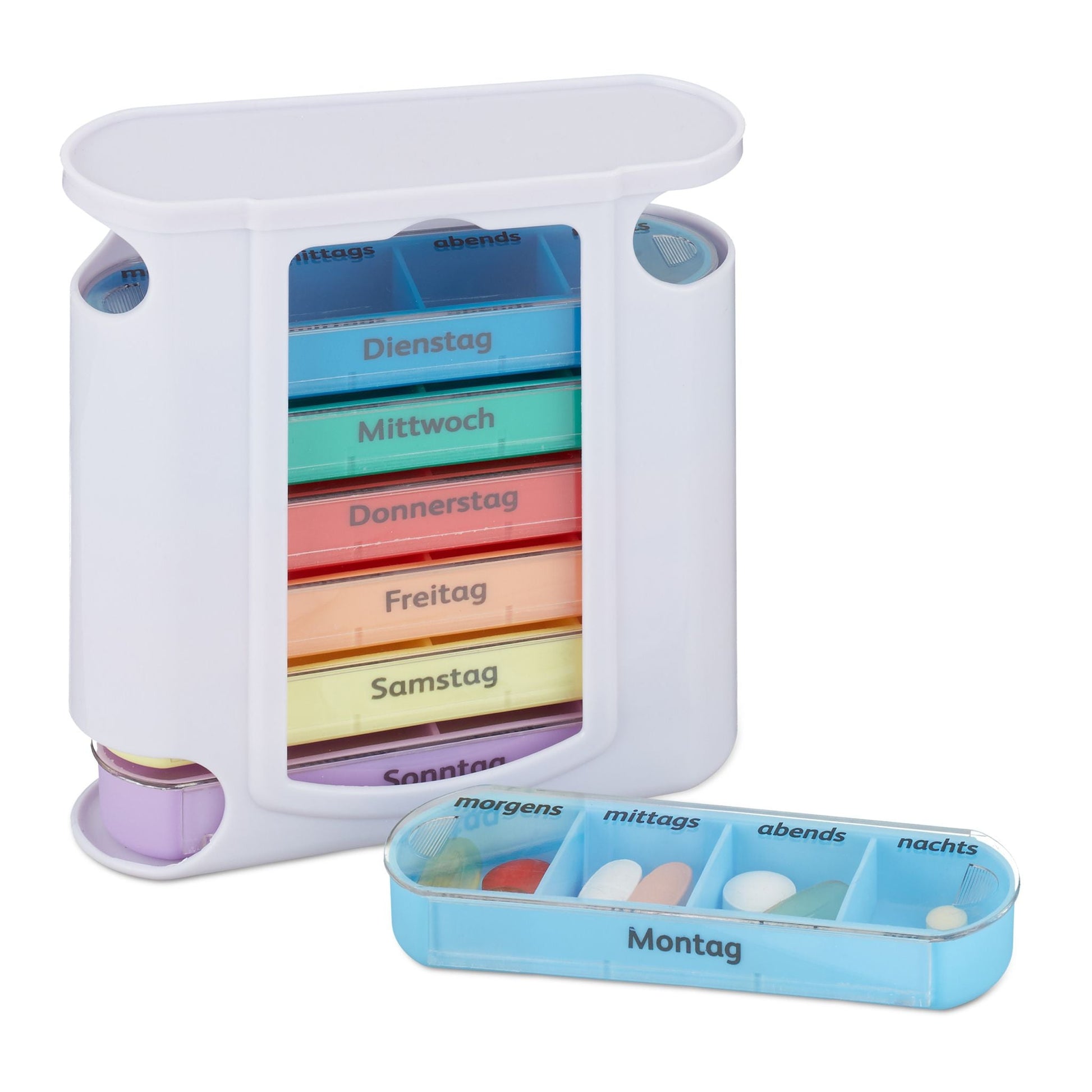 Pillendose 7 Tage 4 Fächer Weiss-Grün-Transparent von Relaxdays