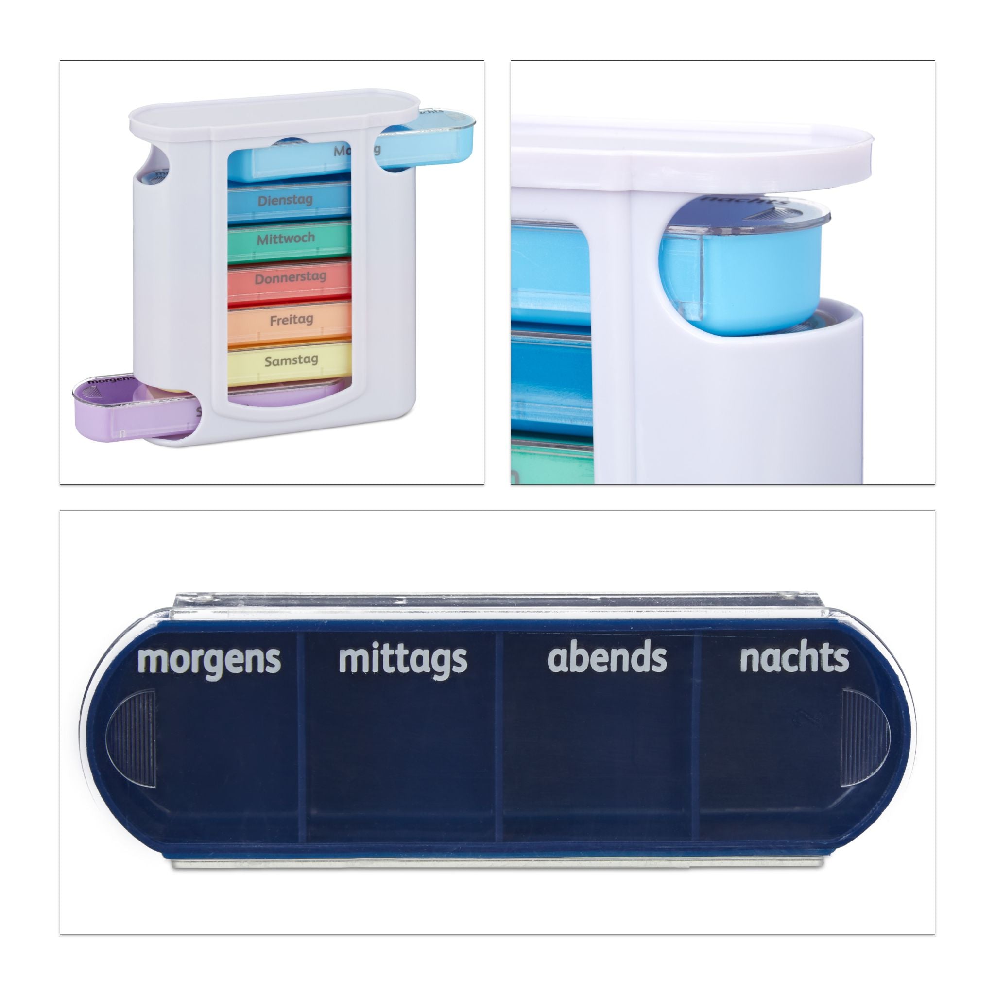 Pillendose 7 Tage 4 Fächer Weiss-Grün-Transparent von Relaxdays