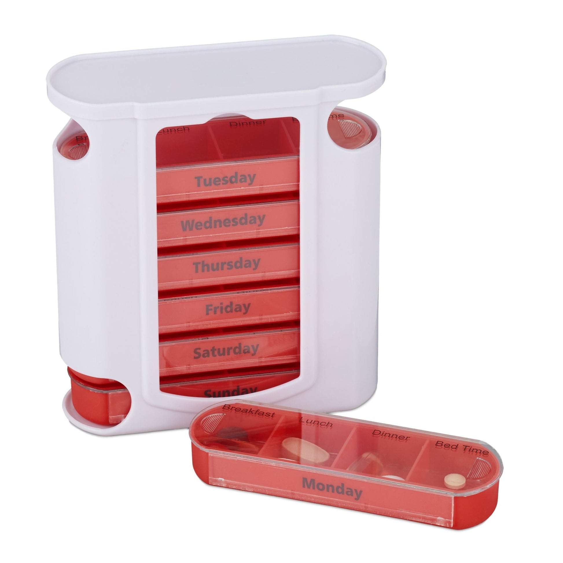 Pillendose 7 Tage 4 Fächer Englisch Weiss-Rot-Transparent von Relaxdays