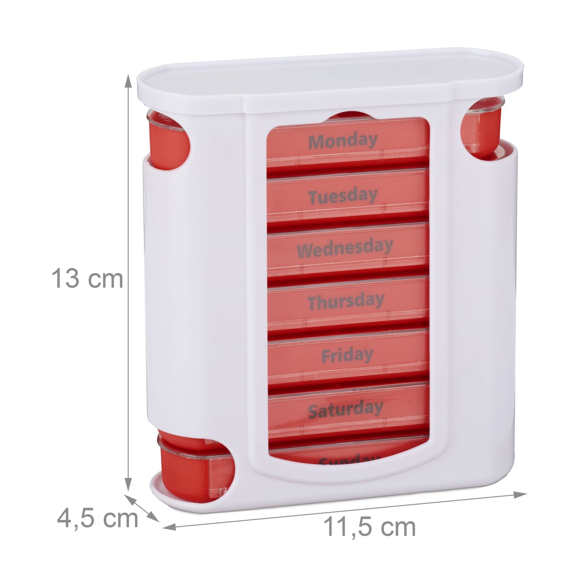 Pillendose 7 Tage 4 Fächer Englisch Weiss-Rot-Transparent von Relaxdays