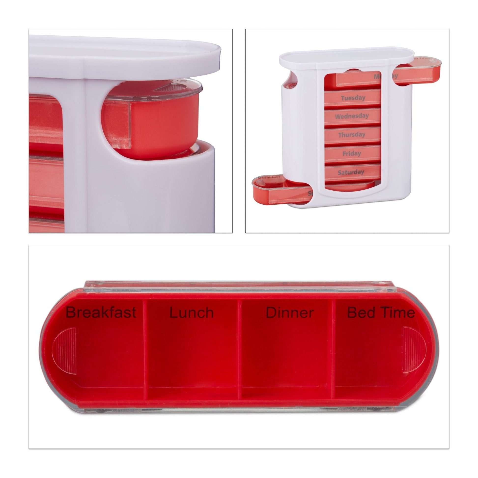 Pillendose 7 Tage 4 Fächer Englisch Weiss-Rot-Transparent von Relaxdays