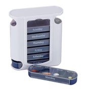 Pillendose 7 Tage 4 Fächer Englisch Weiss-Dunkelblau-Transparent von Relaxdays