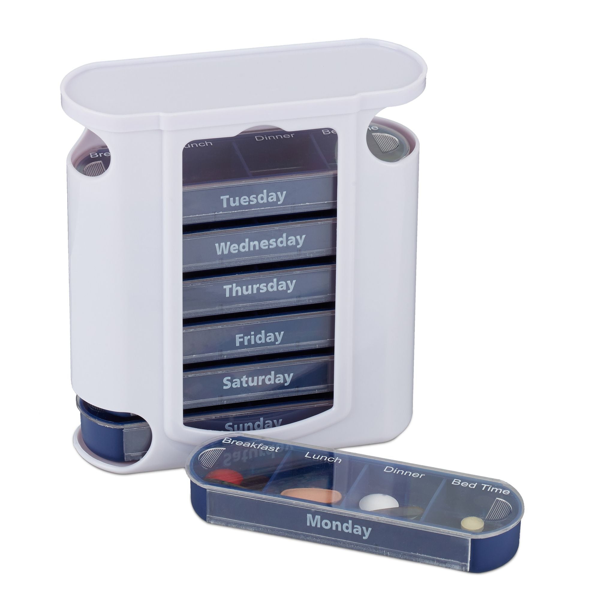 Pillendose 7 Tage 4 Fächer Englisch Weiss-Dunkelblau-Transparent von Relaxdays