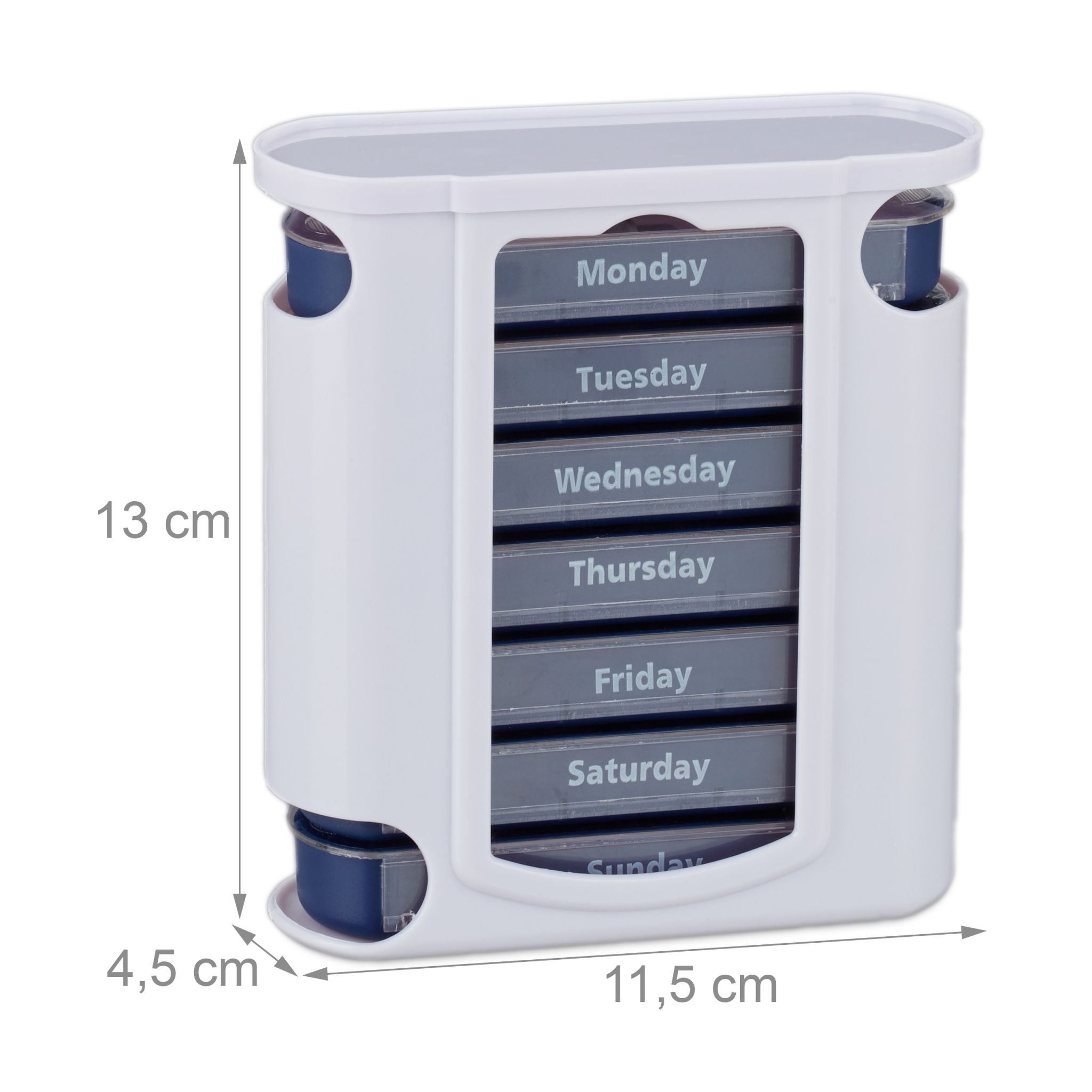 Pillendose 7 Tage 4 Fächer Englisch Weiss-Dunkelblau-Transparent von Relaxdays
