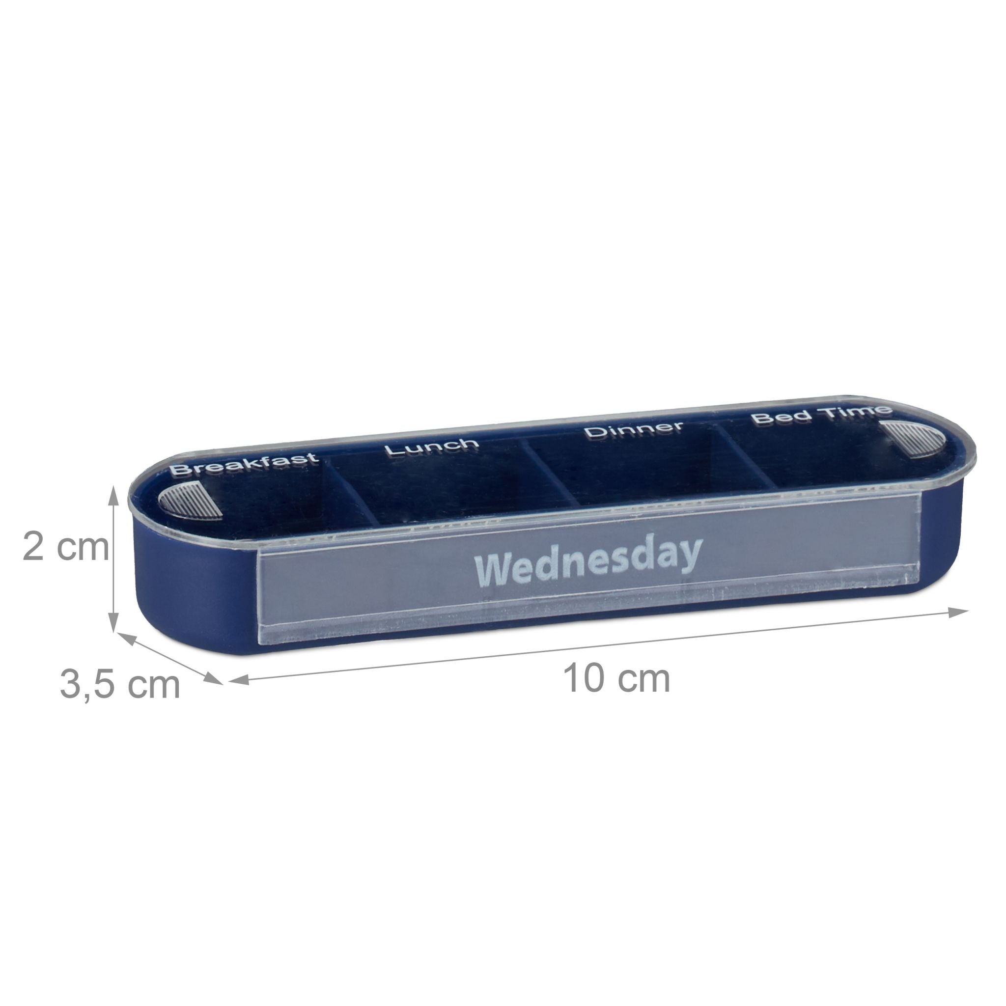 Pillendose 7 Tage 4 Fächer Englisch Weiss-Dunkelblau-Transparent von Relaxdays