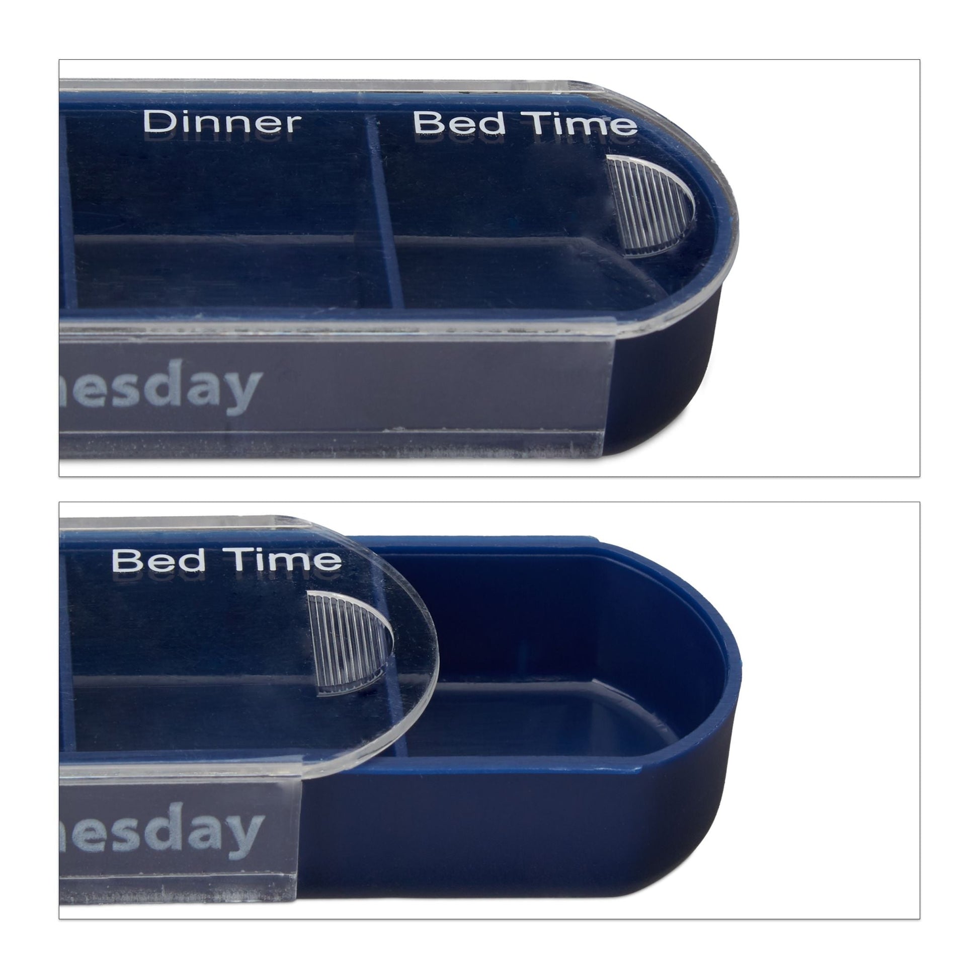 Pillendose 7 Tage 4 Fächer Englisch Weiss-Dunkelblau-Transparent von Relaxdays