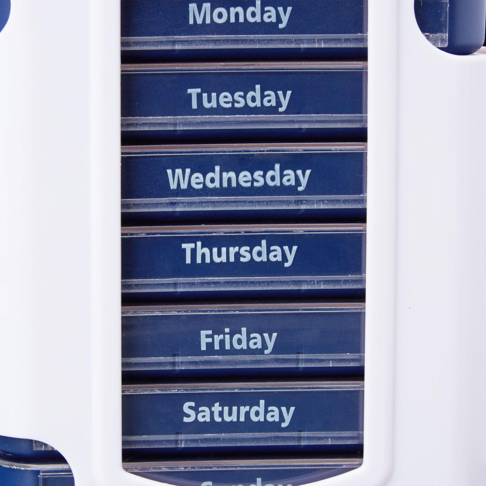 Pillendose 7 Tage 4 Fächer Englisch Weiss-Dunkelblau-Transparent von Relaxdays