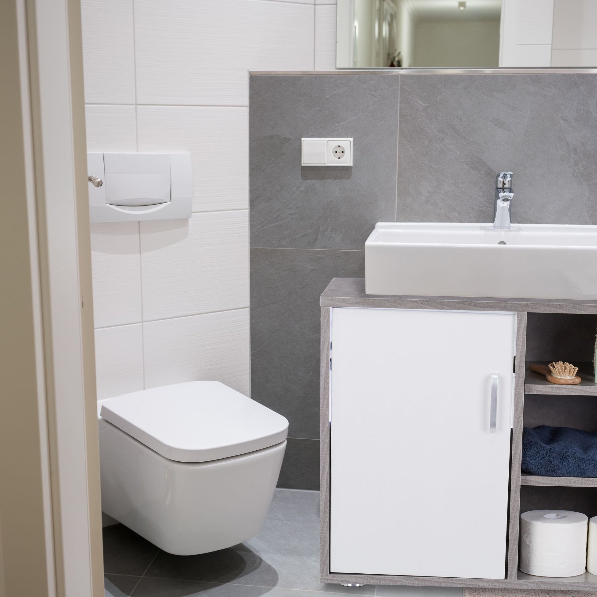 Waschbeckenunterschrank 4 Fächer Weiss-Silber-Grau von Relaxdays