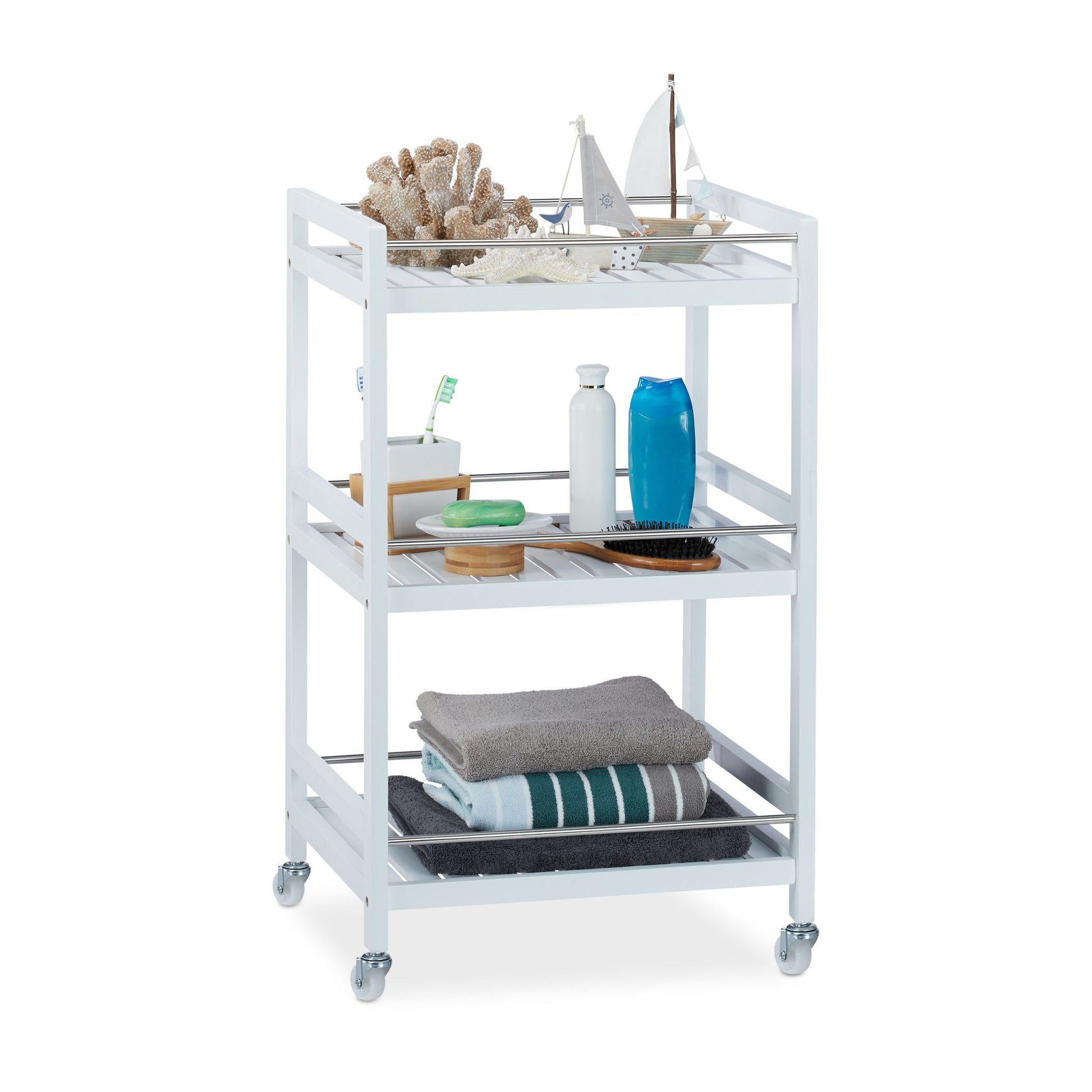 Servierwagen Bambus Weiss-Silber von Relaxdays