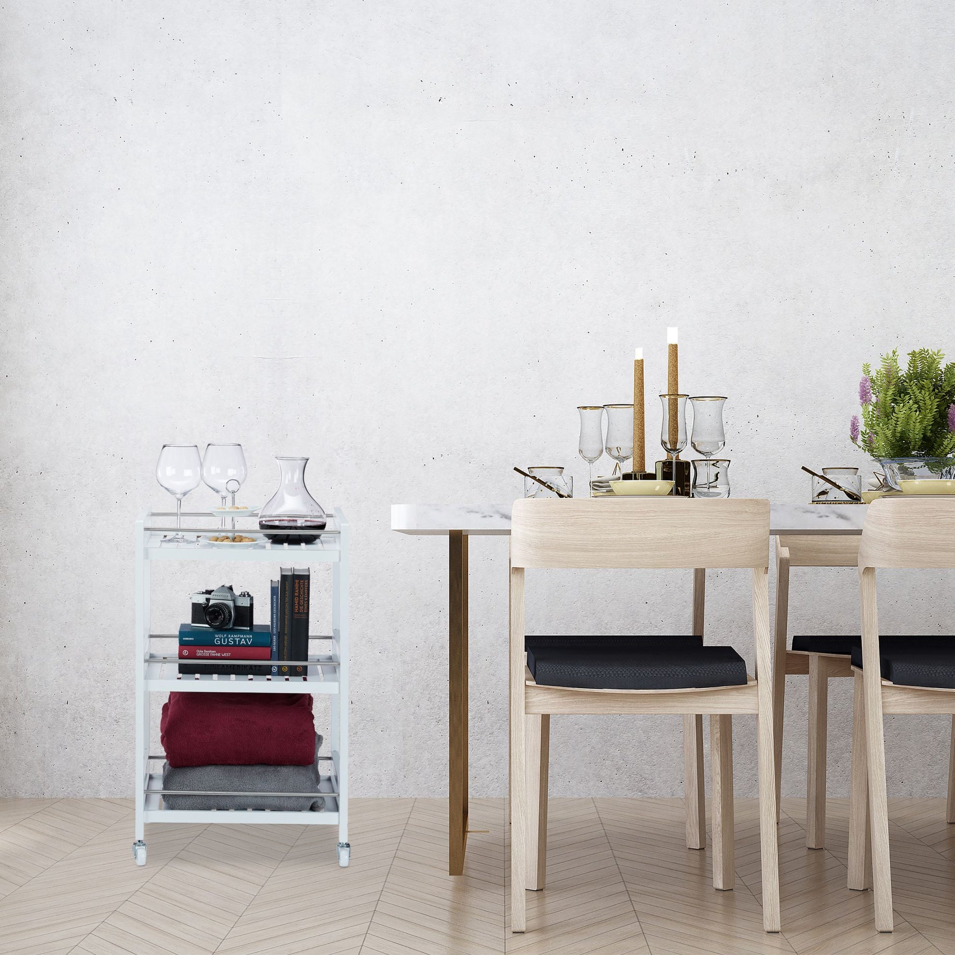 Servierwagen Bambus Weiss-Silber von Relaxdays