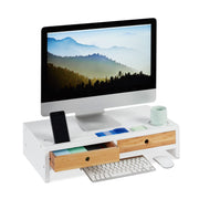 Monitorständer Bambus 2 Schubladen weiss Weiss-Hellbraun von Relaxdays