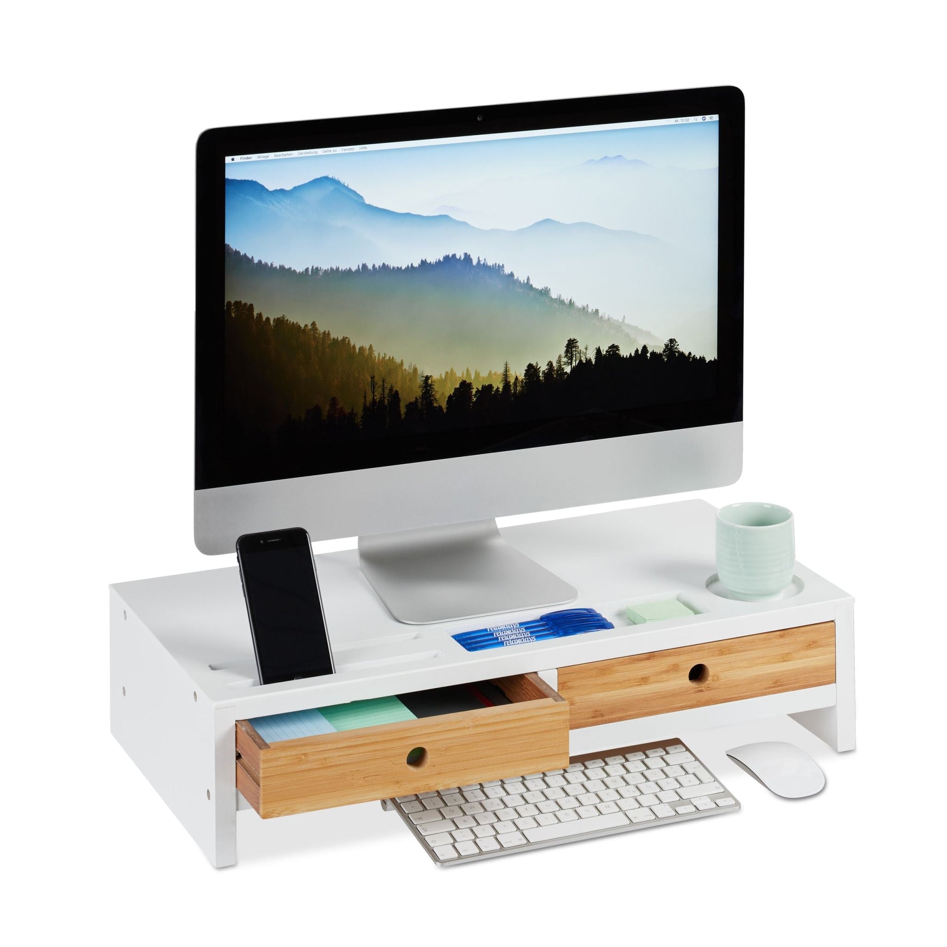 Monitorständer Bambus 2 Schubladen weiss Weiss-Hellbraun von Relaxdays