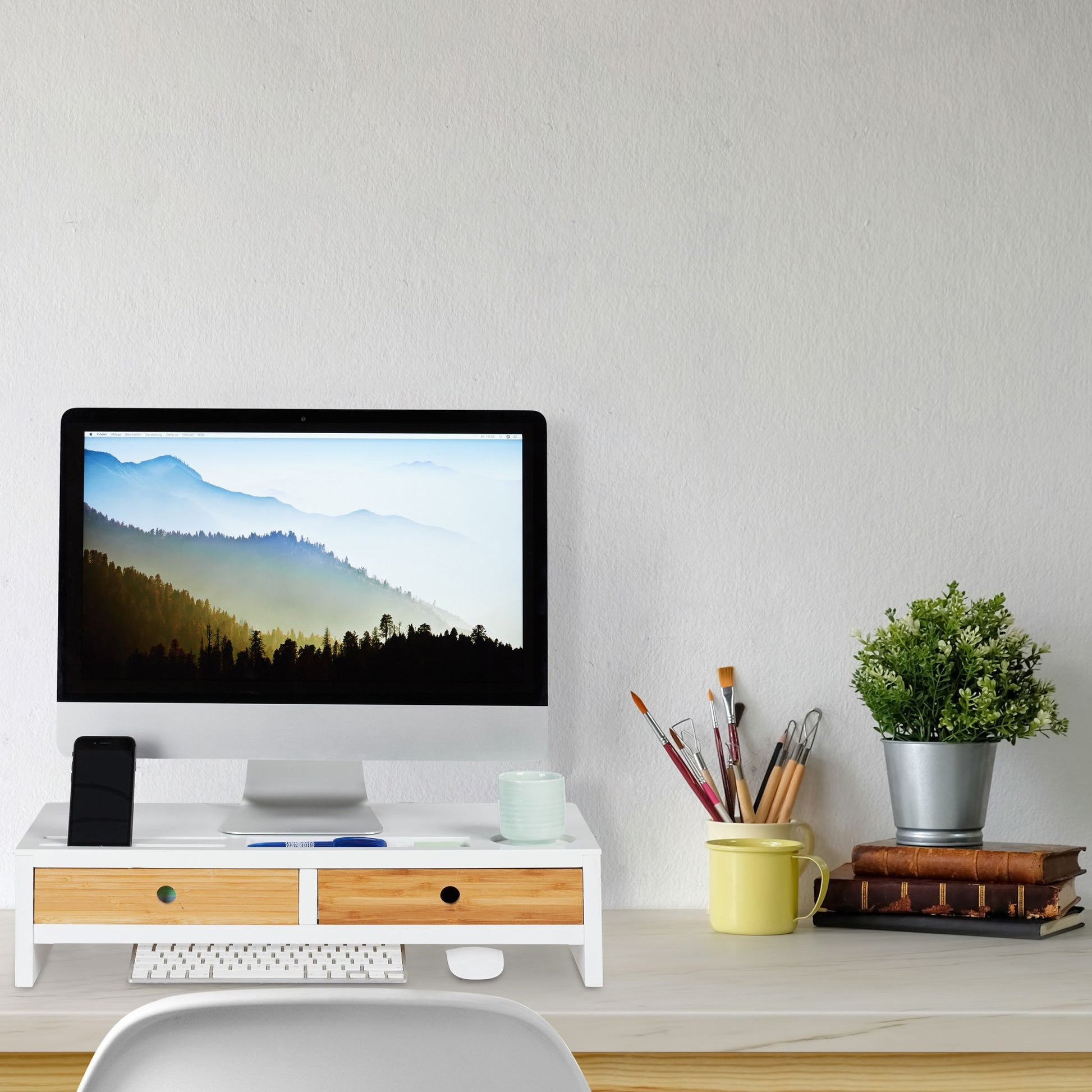 Monitorständer Bambus 2 Schubladen weiss Weiss-Hellbraun von Relaxdays