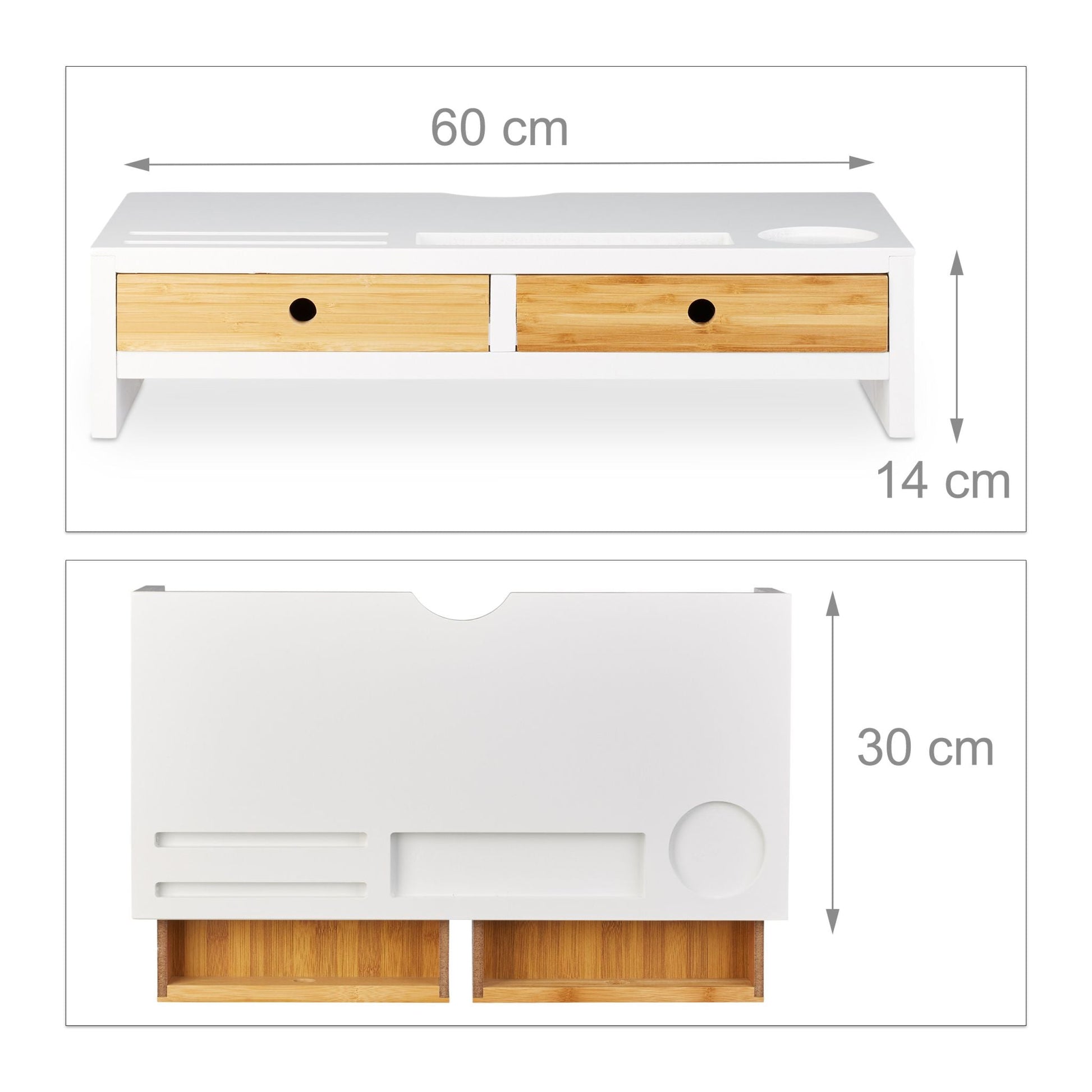 Monitorständer Bambus 2 Schubladen weiss Weiss-Hellbraun von Relaxdays