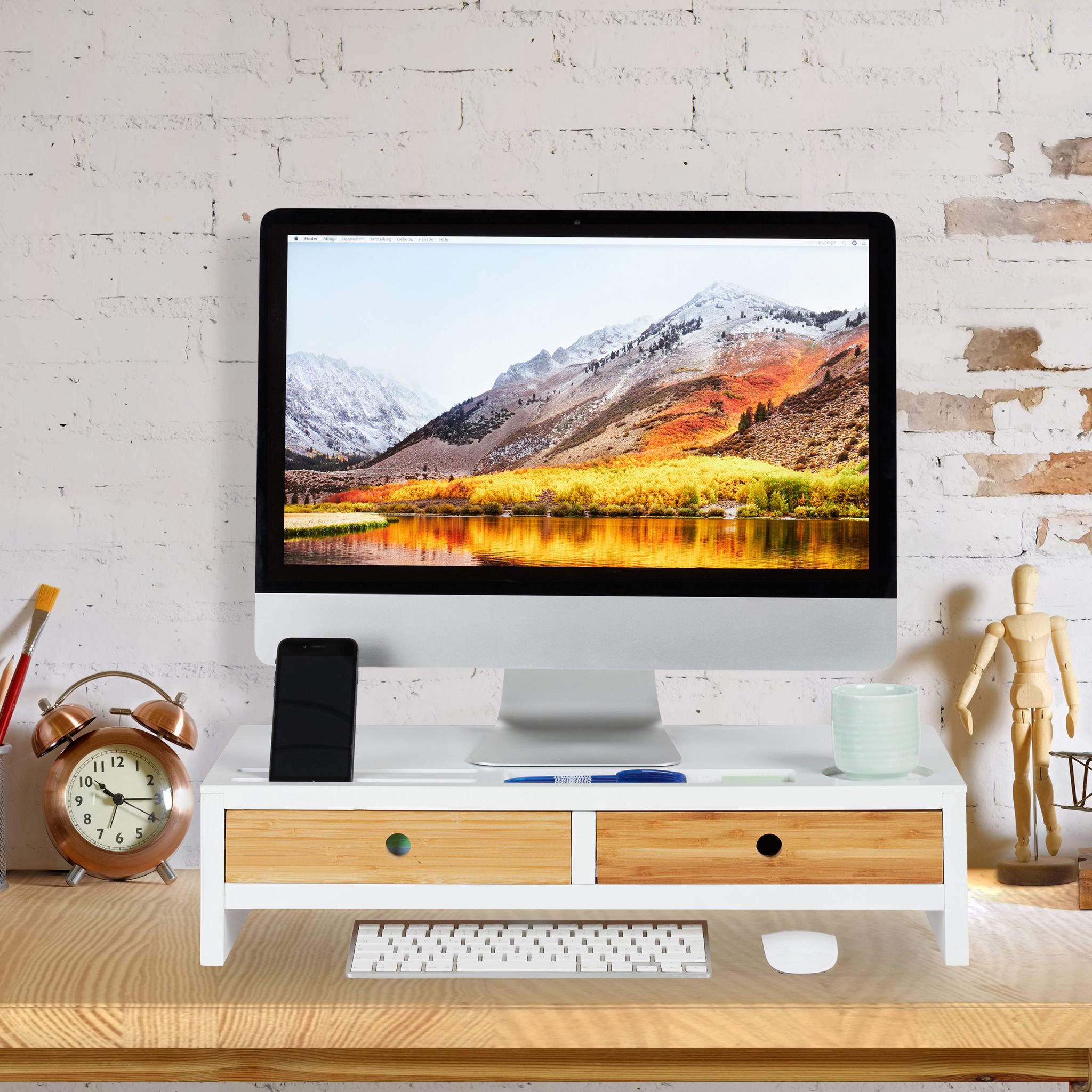 Monitorständer Bambus 2 Schubladen weiss Weiss-Hellbraun von Relaxdays